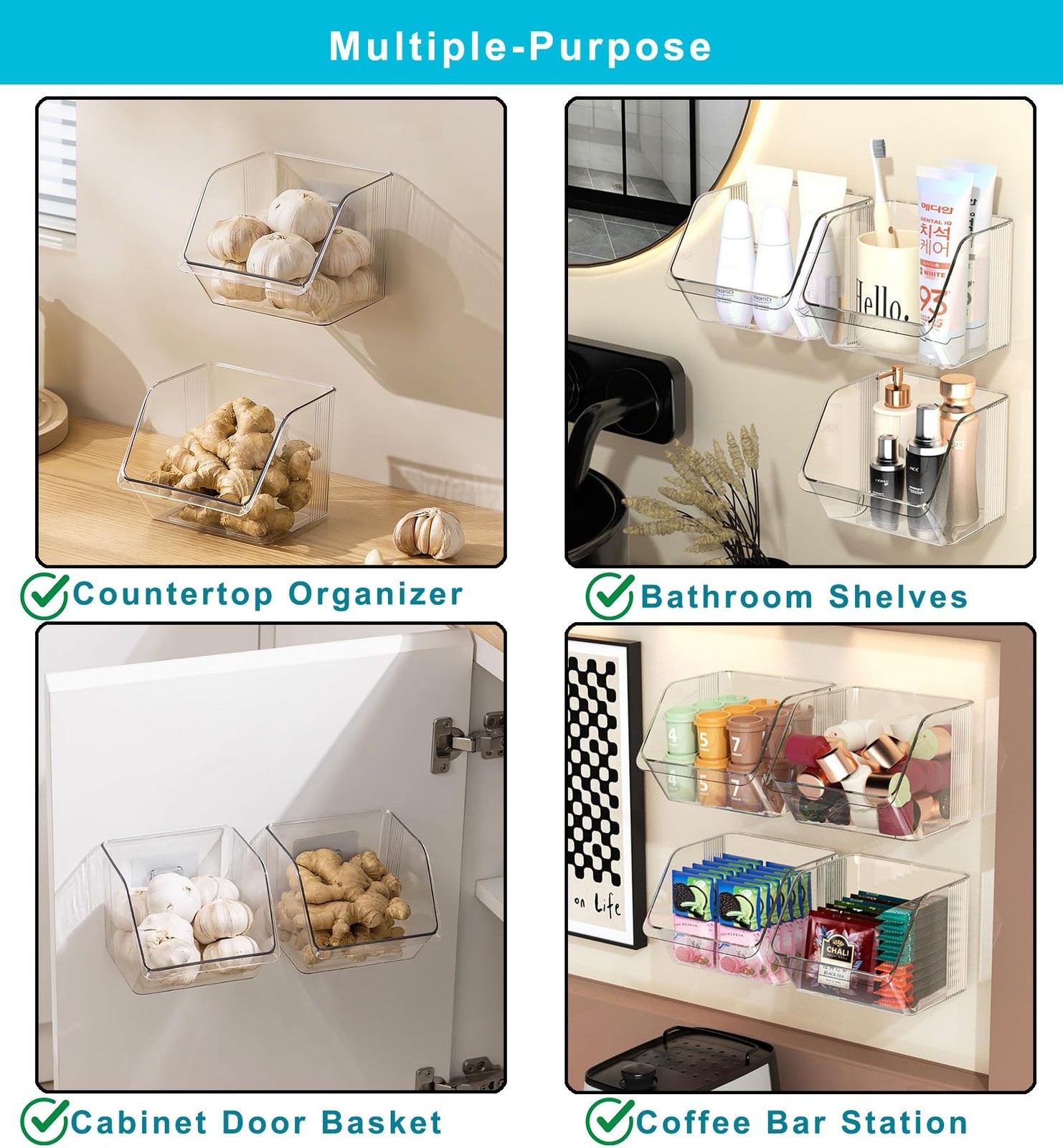 6-Pack Small Clear Storage Baskets, Adhesive Spice Rack Wall Mount for Counte…