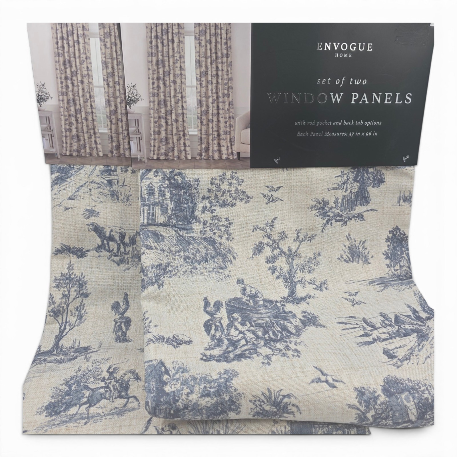 Envogue Home Set of 4 French Toile Curtains 37×96 Blue Linen Look NEW
