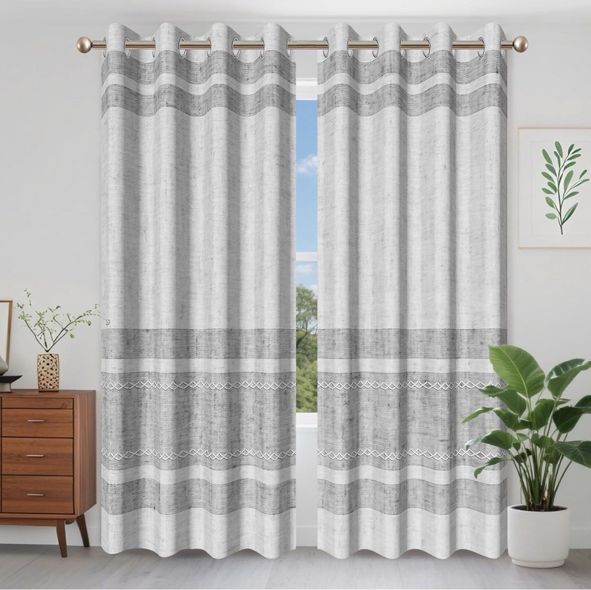 Grey Striped Thick Textured Linen Window Curtains Modern Minimalist Light