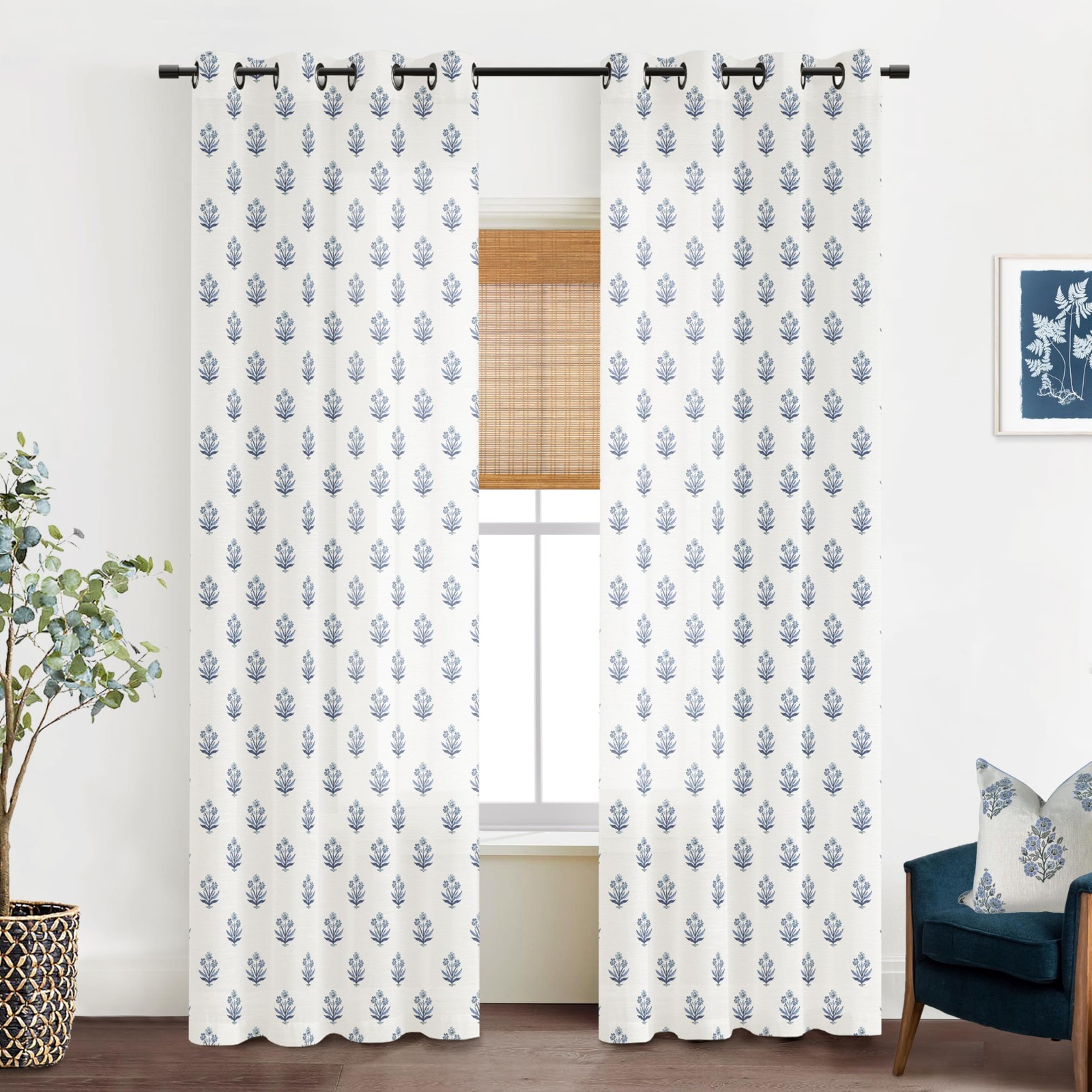 Blue and White Floral Curtains,Boho Pattern Navy Block Print Mughal Design Sh…