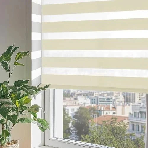 Cordless Zebra Blinds for Windows, Dual Layer Free-Stop 25″W x 72″H Beige