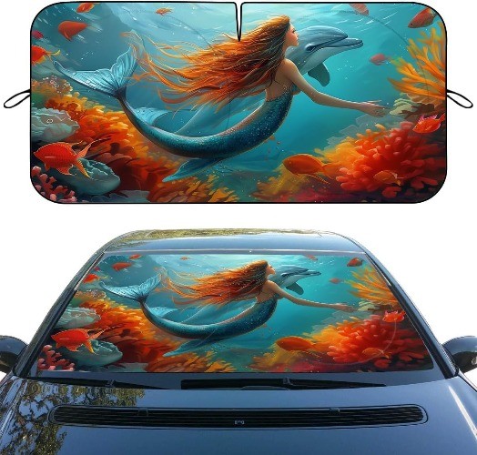 Mermaid Car Windshield Sunshades Blocks UV Rays Sun Visor Protector for Sedan Tr