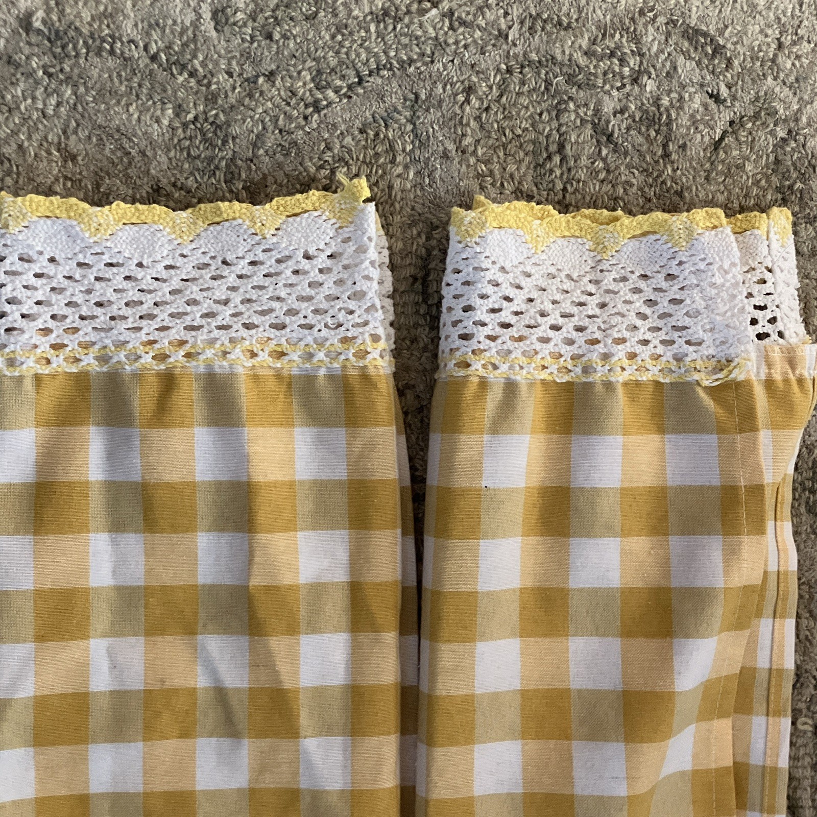 2 Vtg. Yellow & White Gingham cafe curtain panels w/crochet trim 28in x 36in