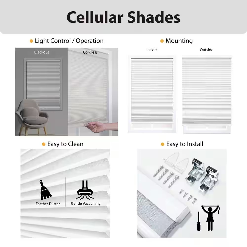 White Cordless Blackout Polyester Cellular Shades – 34 In. W X 64 In. L