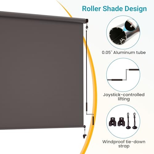 Outdoor Roller Shade, 420GSM New Material Sun Shades Outdoor 96″W x 96″H Brown