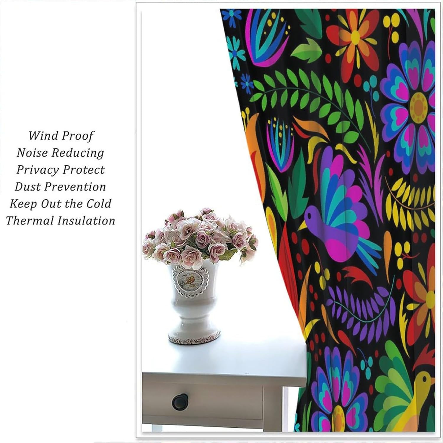 Mexican Blackout Window Curtain Birds Colorful Flowers Mexican Embroidery Style