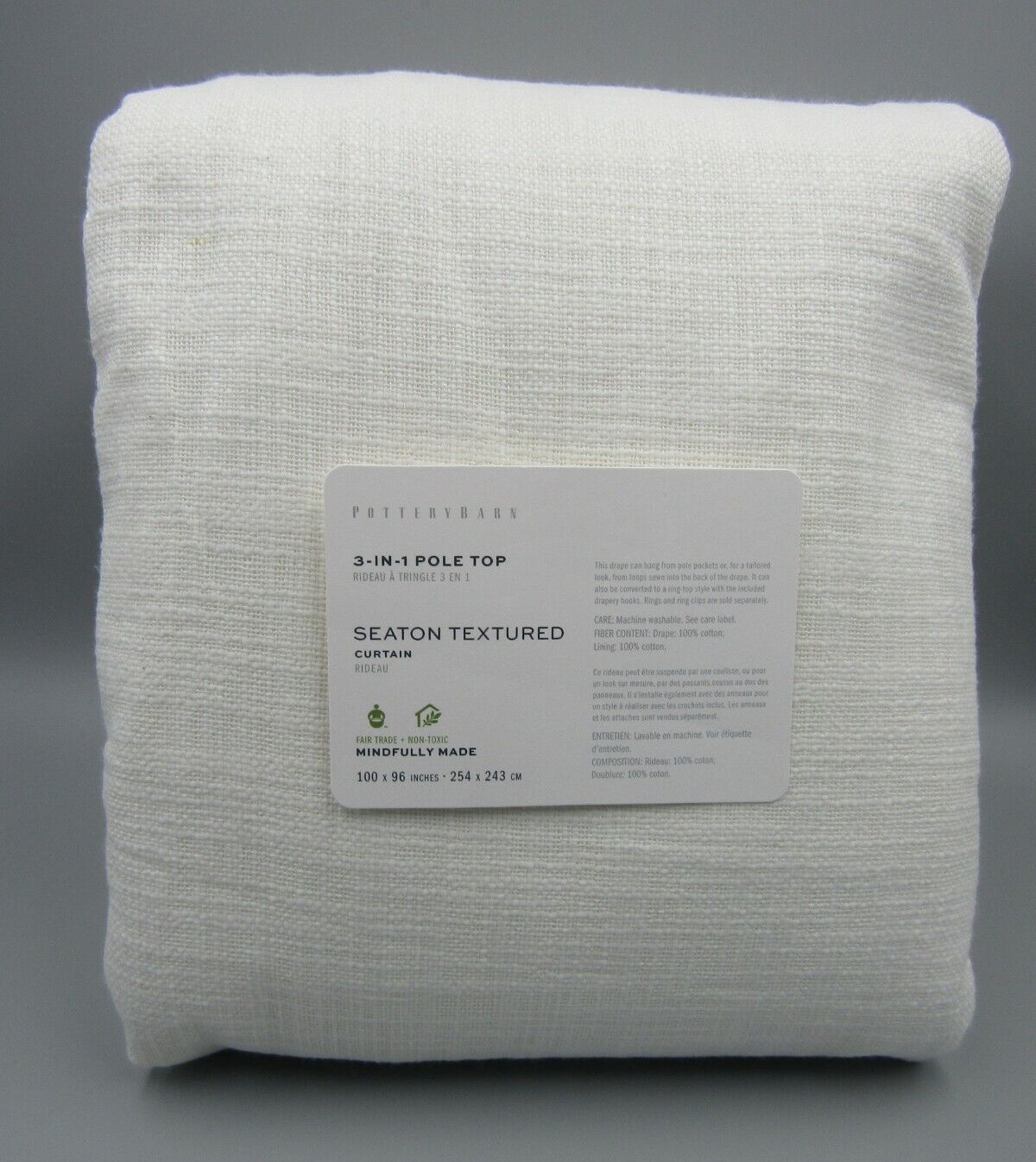 Pottery Barn Seaton Textured Cotton Lined Panel Drape White 100 x 96″ #N102