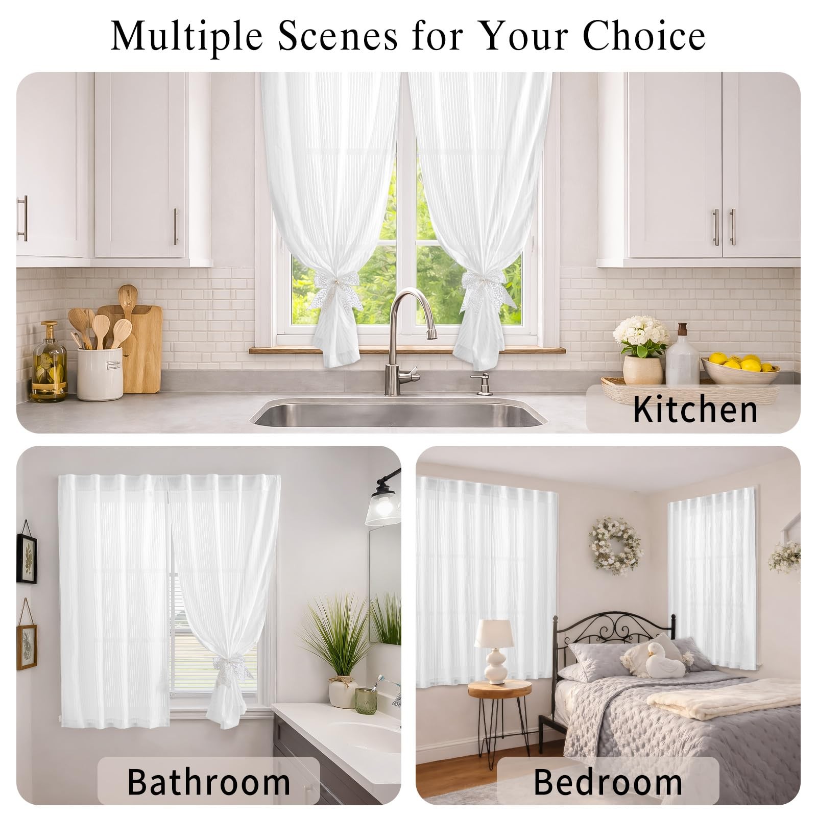 2 Panels White Kitchen Curtains 41 Inch Length Tier Curtain,Adhesive & Rod Po…