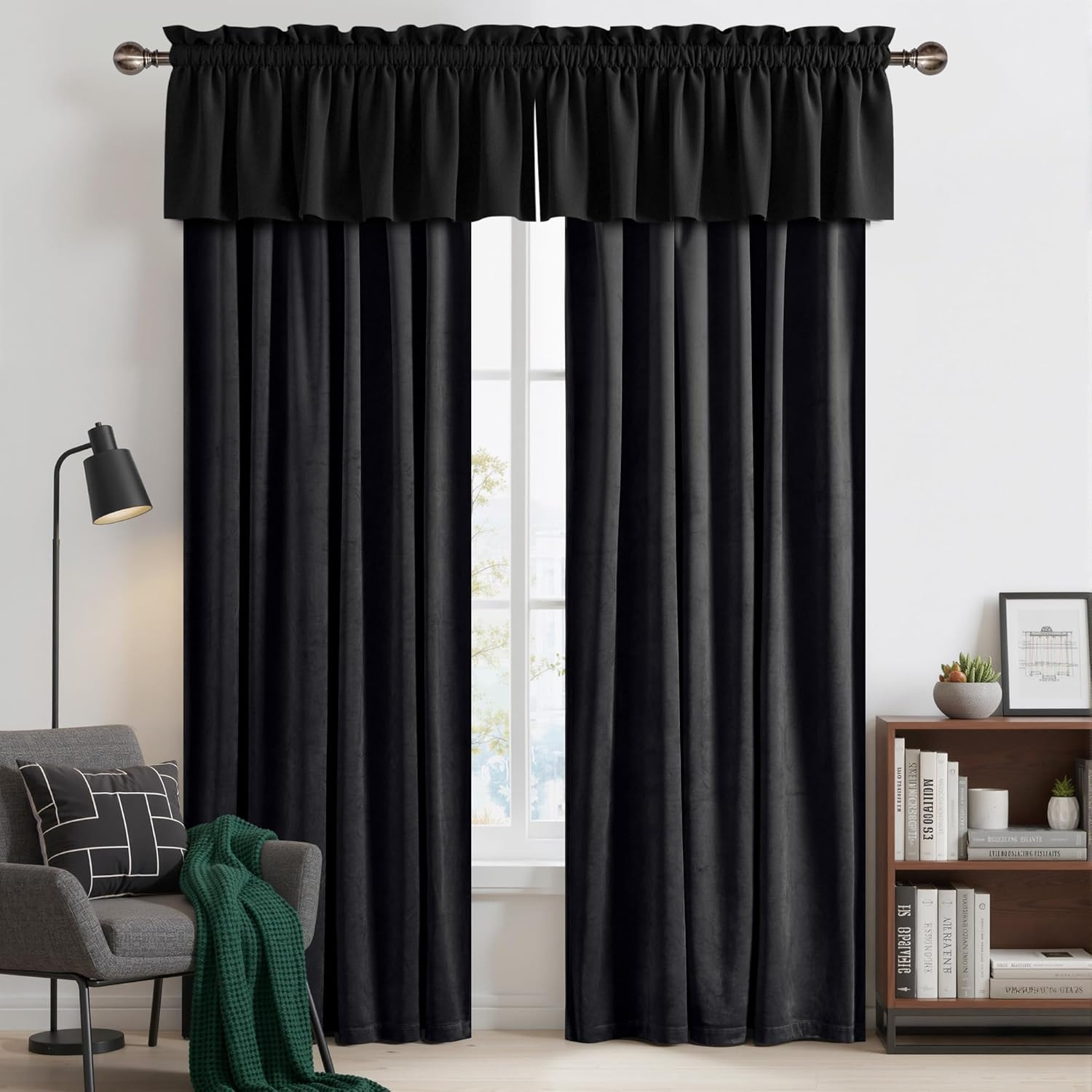 Black Velvet Valance Curtains for Windows 18 Inch Length, Kitchen Window Treatme