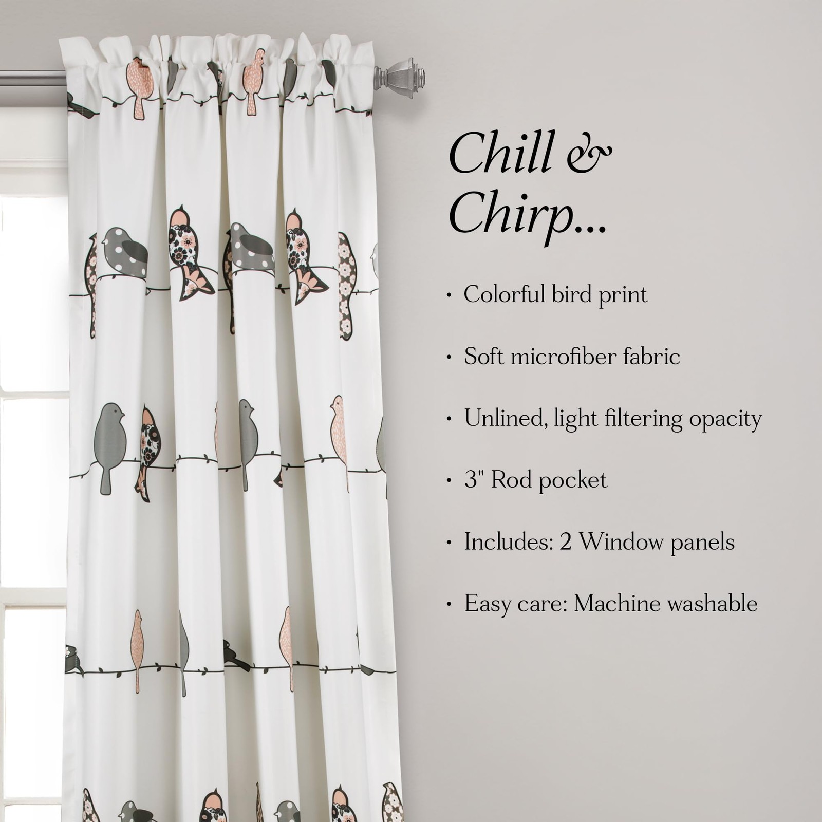 Bird Print Light Filtering Curtains 52″ x 84″ – Whimsical Floral Window Panels