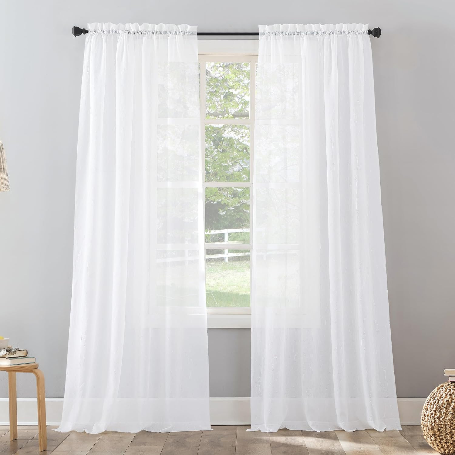 No. 918 Erica Crushed Sheer Voile Rod Pocket Curtain Panel, 51″ X 63″, White