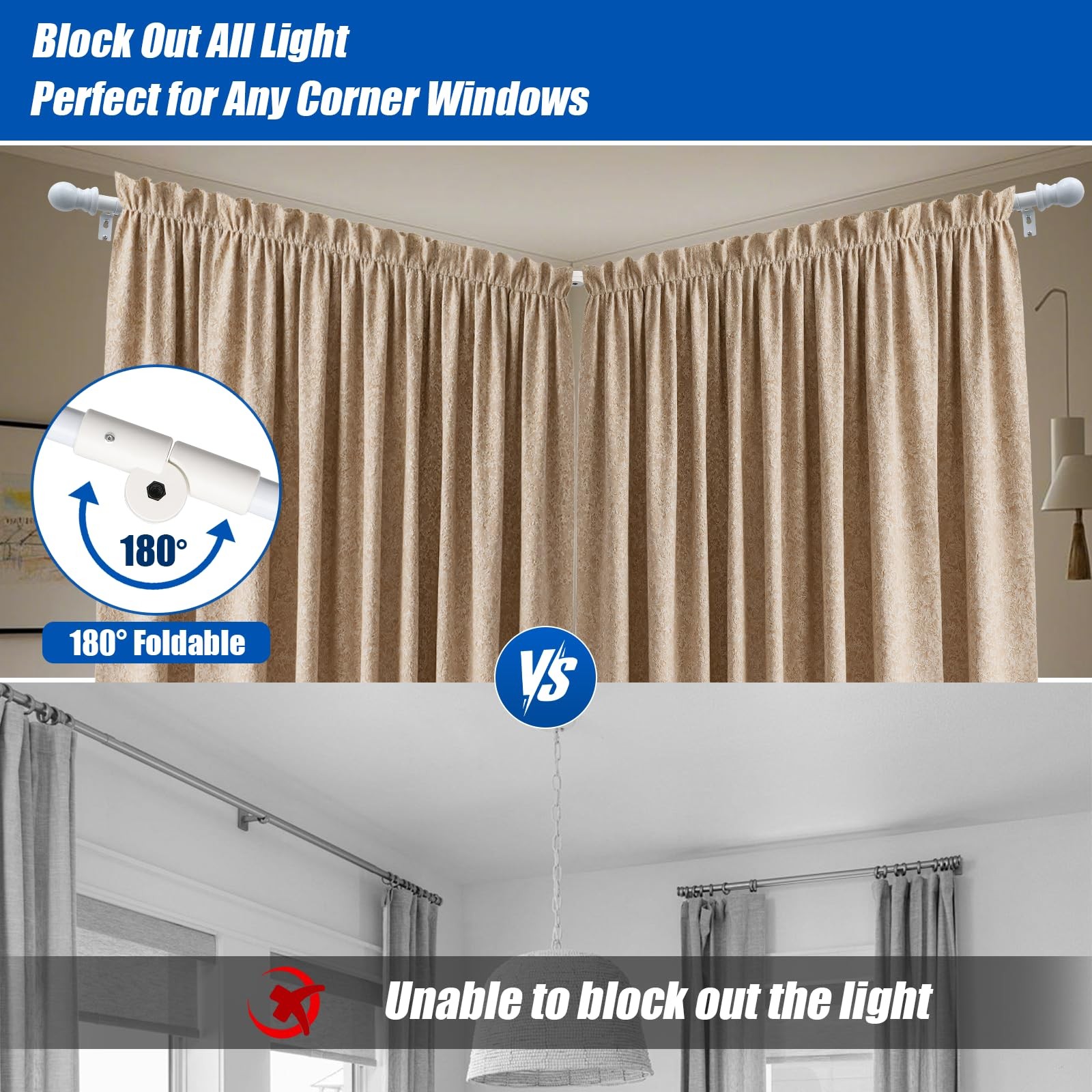 Corner Curtain Rod for Windows 1 Inch – Adjustable L-shaped, Glossy White