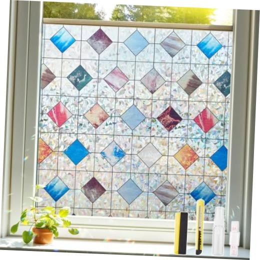 Window Privacy Film with Tools, Rainbow Stained Glass 17.5 x 78.7 Inch Diamond