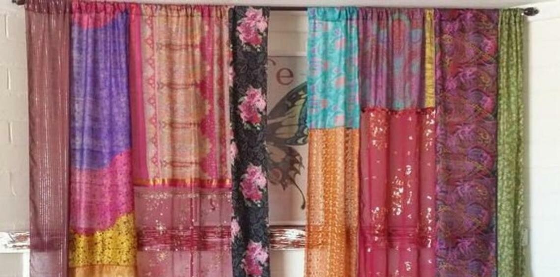 2 Pcs Indian Sari Patchwork Curtain Drape Window Decor Multi Silk Sari Curtain