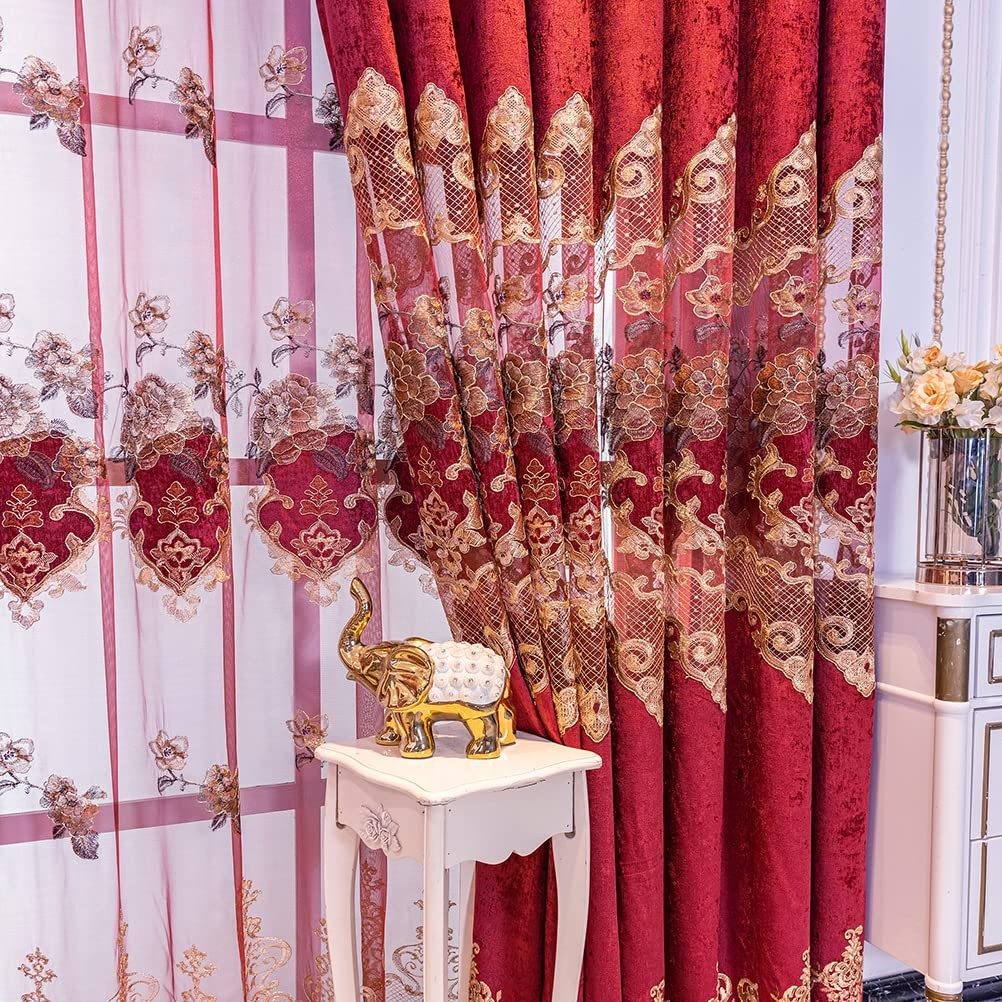 Elkca European Style Festival Burgundy Red Embroidered Chenille Curtain For