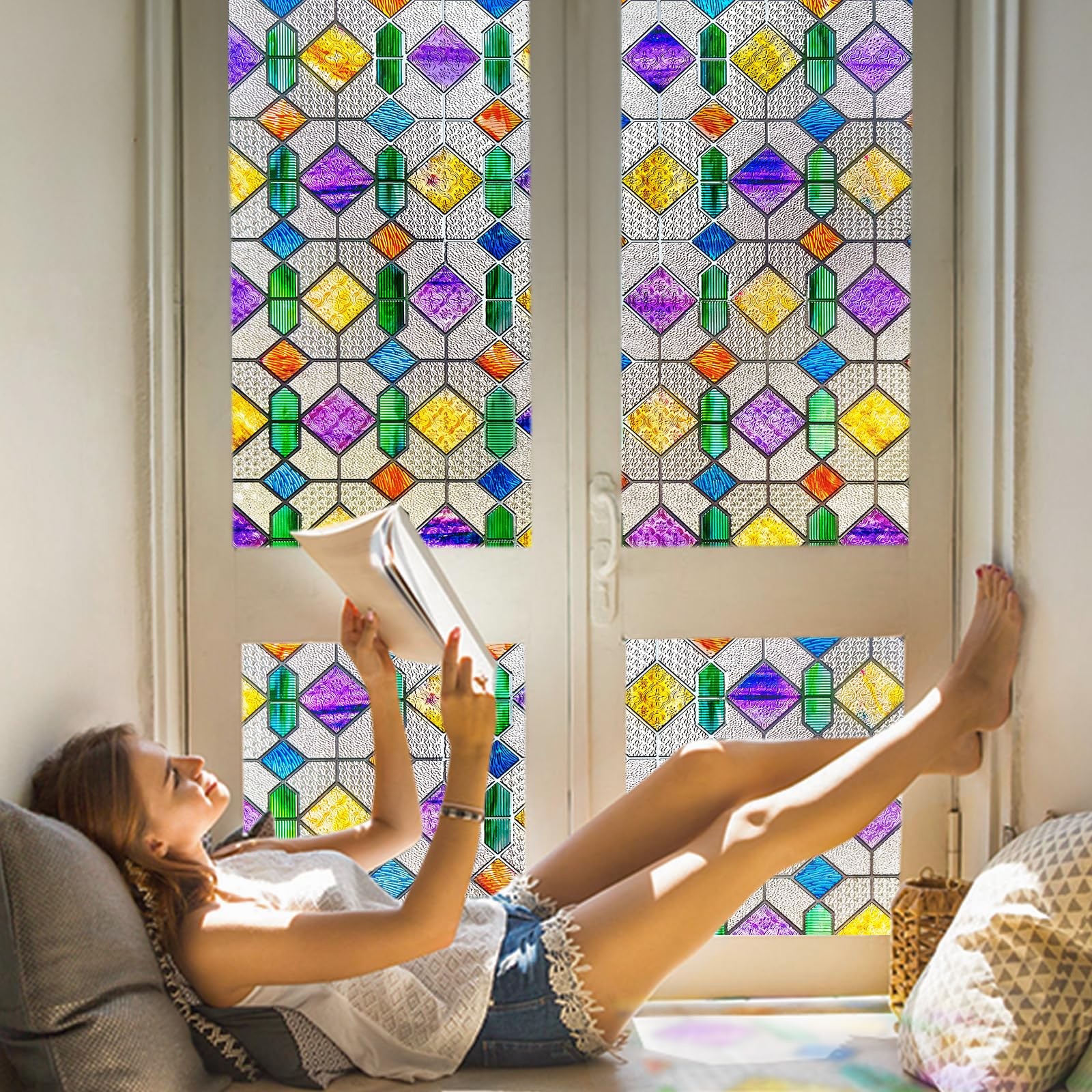 Window Privacy Film Stained Glass Rainbow 16.9 x 39.4 inch Peel and Stick
