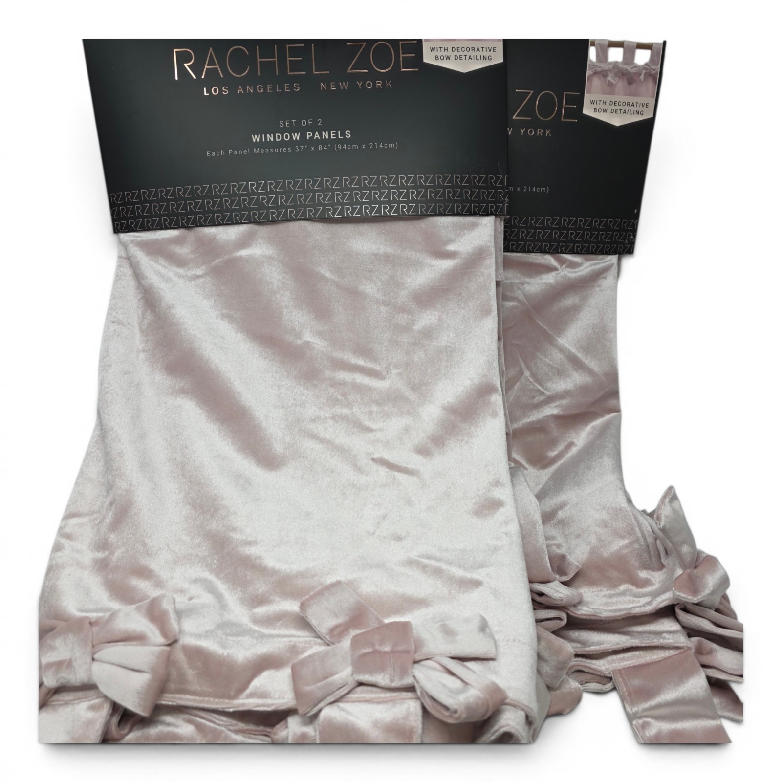Rachel Zoe Set of 4 Velvet Curtains 37×84 Dusty Blush Pink Bow Top Panels