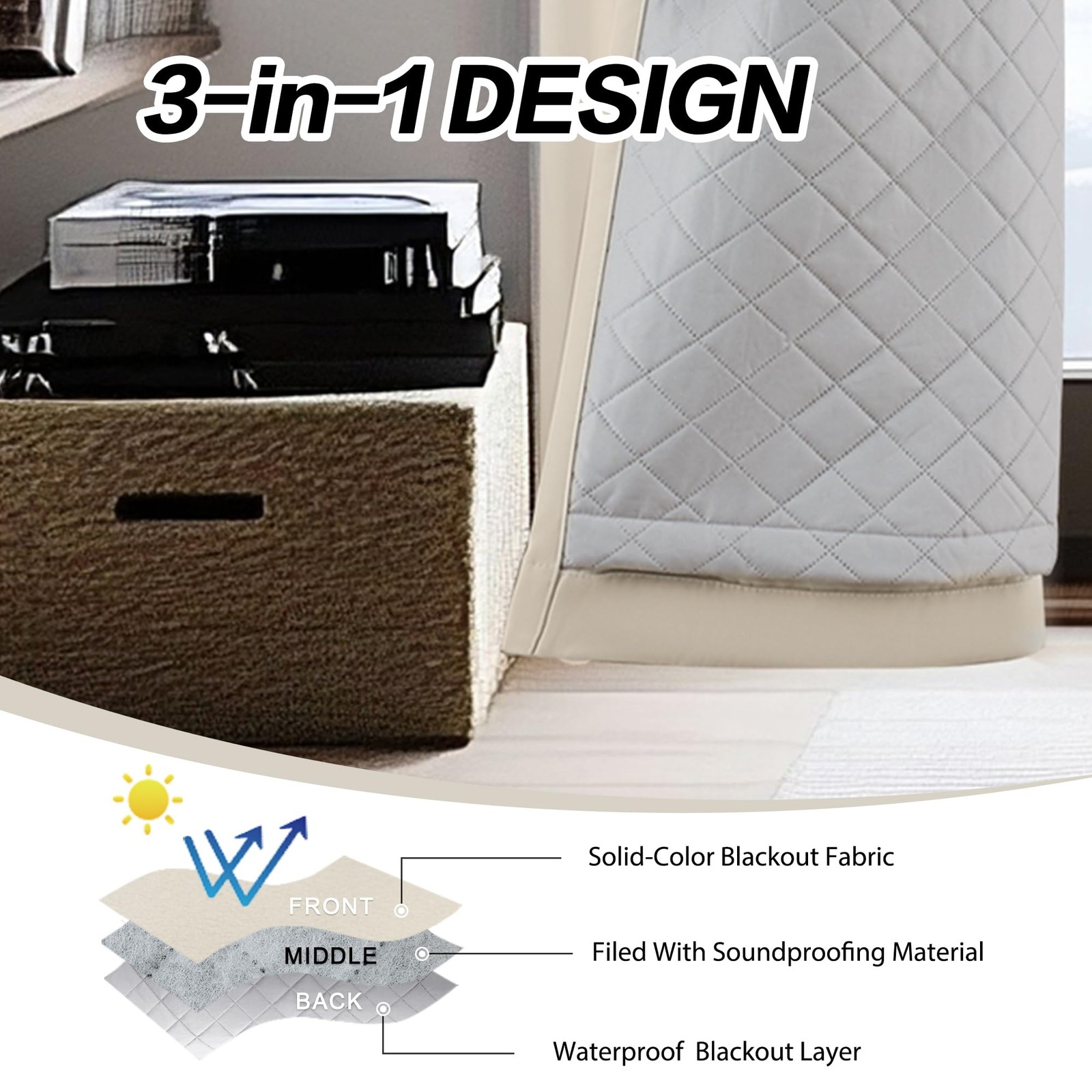 Oyring Soundproof Curtains 3-In-1 Beige Blackout Curtains 108 Inches Long For