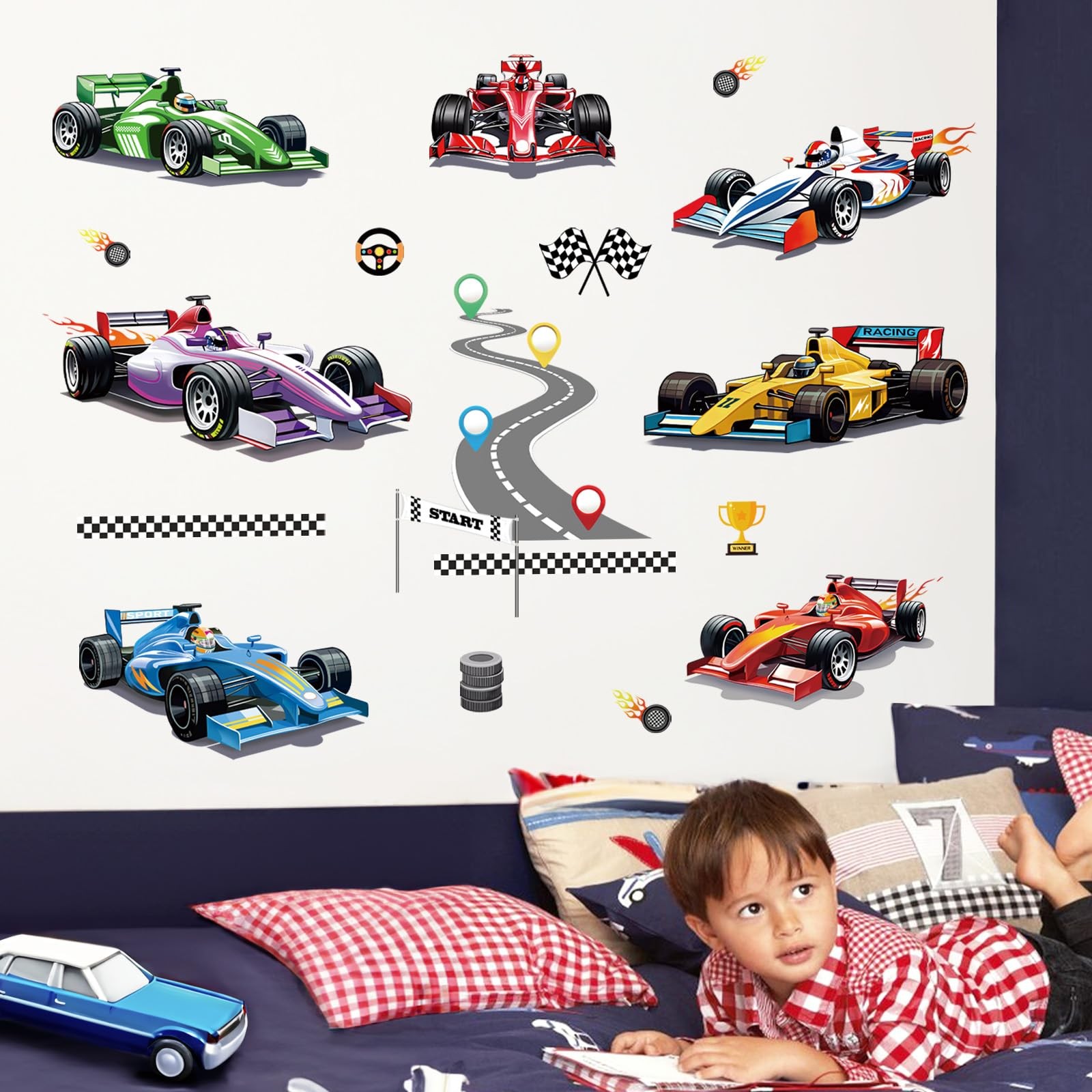 wondever Racing Car Wall Stickers Vehicles Roads Peel and Stick Art A