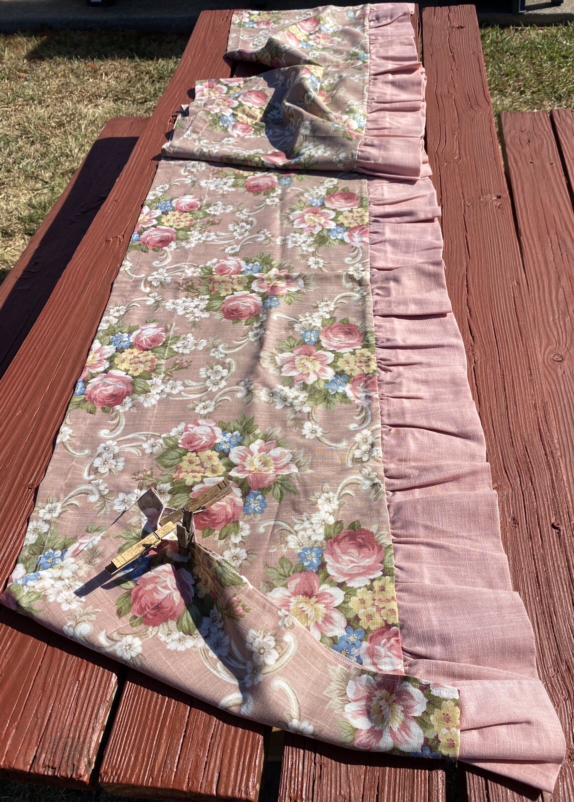 Roses Valance Ruffled Poly/Cotton Floral Shabby Chic Layers Linen Look 120” VGC