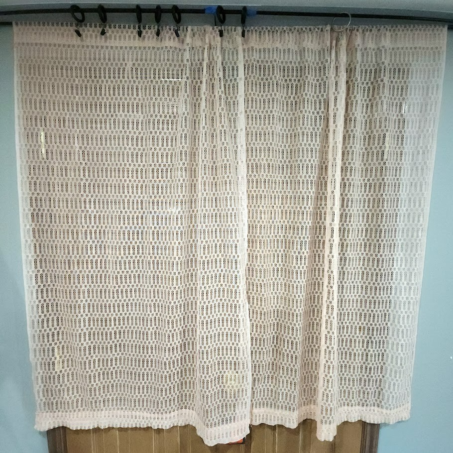 Vtg 70’s polyester Curtain Sheer 2 panels Pink woven MCM 40″ w x 60″ l window