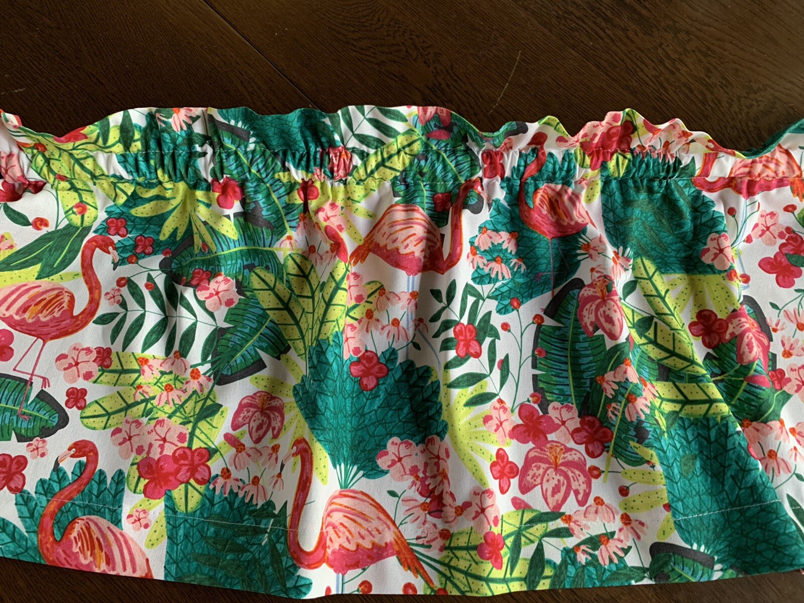 Bright Tropical Coastal Valance With Flamingos, Palms. New Handmade