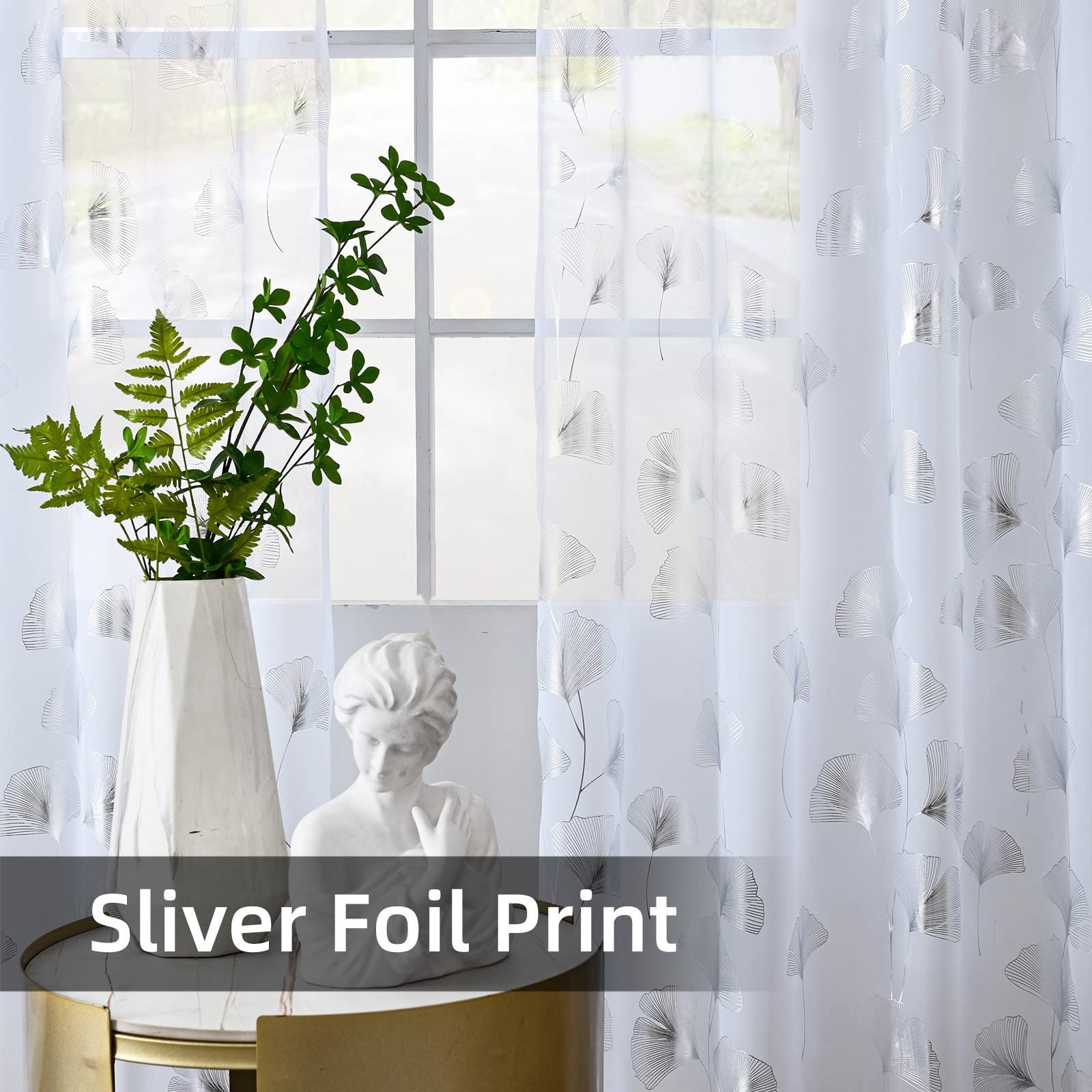 Silver Foil Print Voile Sheer Curtains, Leaves Grommet Window Drapes 96 Inches L