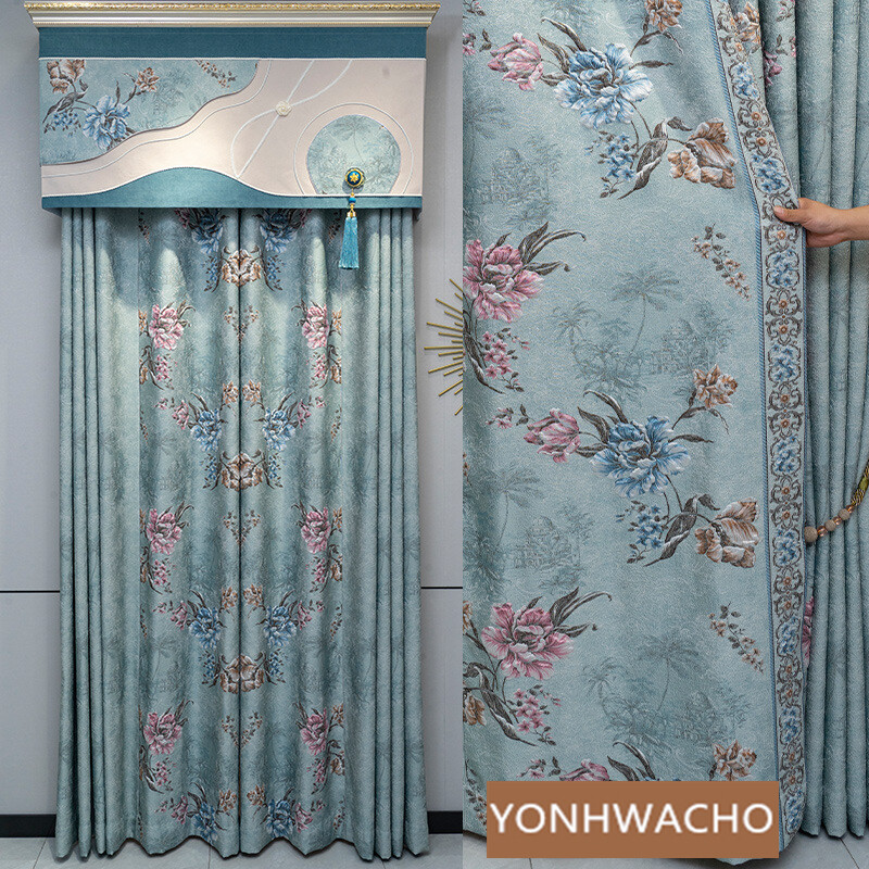 American bedroom jacquard blue cloth blackout curtain tulle valance drape C1613