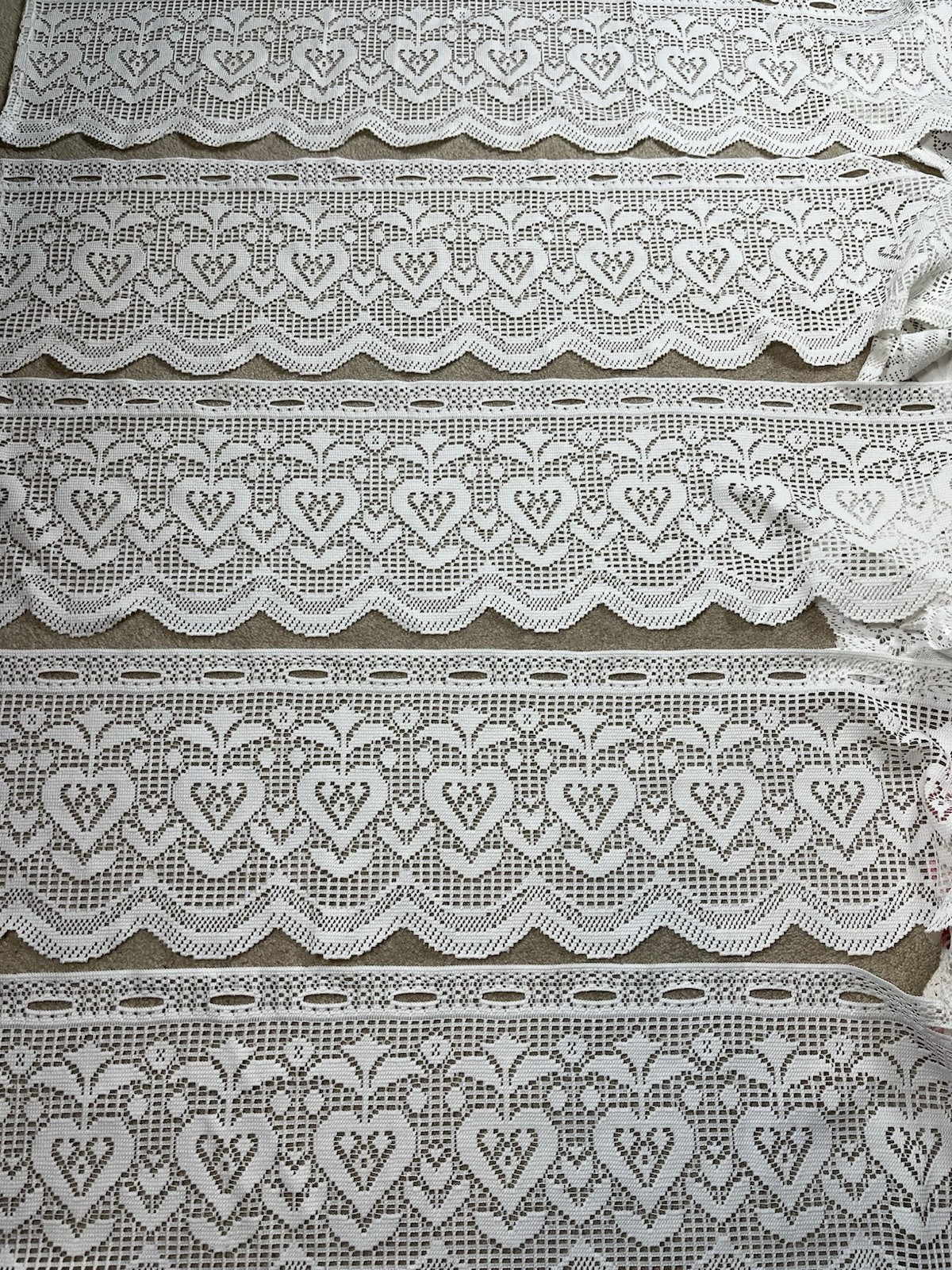 5 VTG Lace Curtain Valance White 58-62” X12″ HEARTS Floral Cottage Country Style