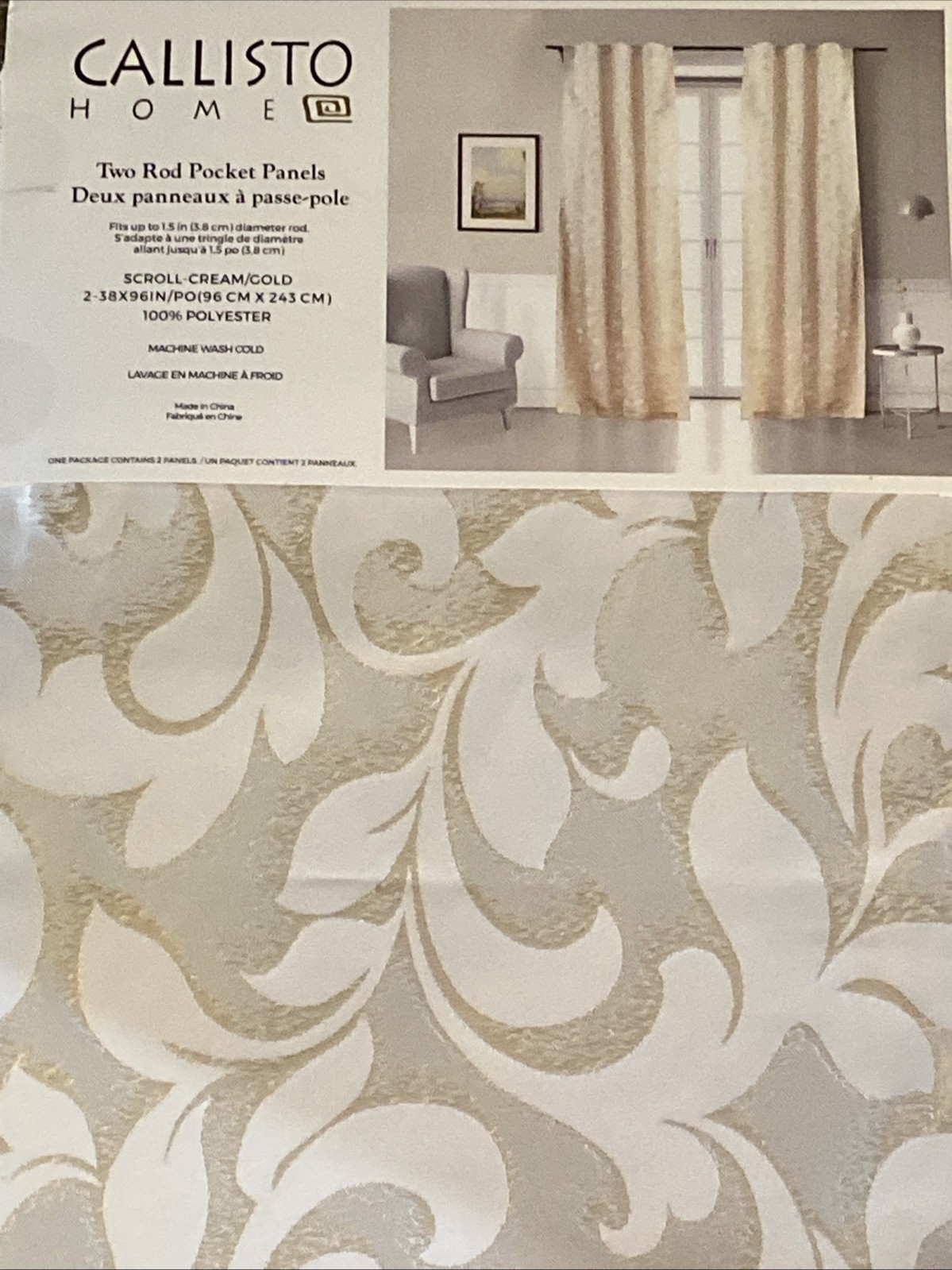 CALLISTO HOME 36 x 96” Curtain Panels Gold Foil Floral Metallic Accents 2Pc Set