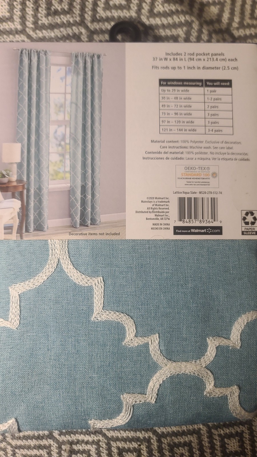 Mainstays Aqua Lattice Embroidered Light Filtering Rod Pocket Panels 37×84 (2)
