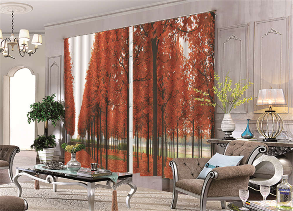 A Forest Of Red Leaves 3D Curtain Blockout Photo Printing Curtains Drape Fabric