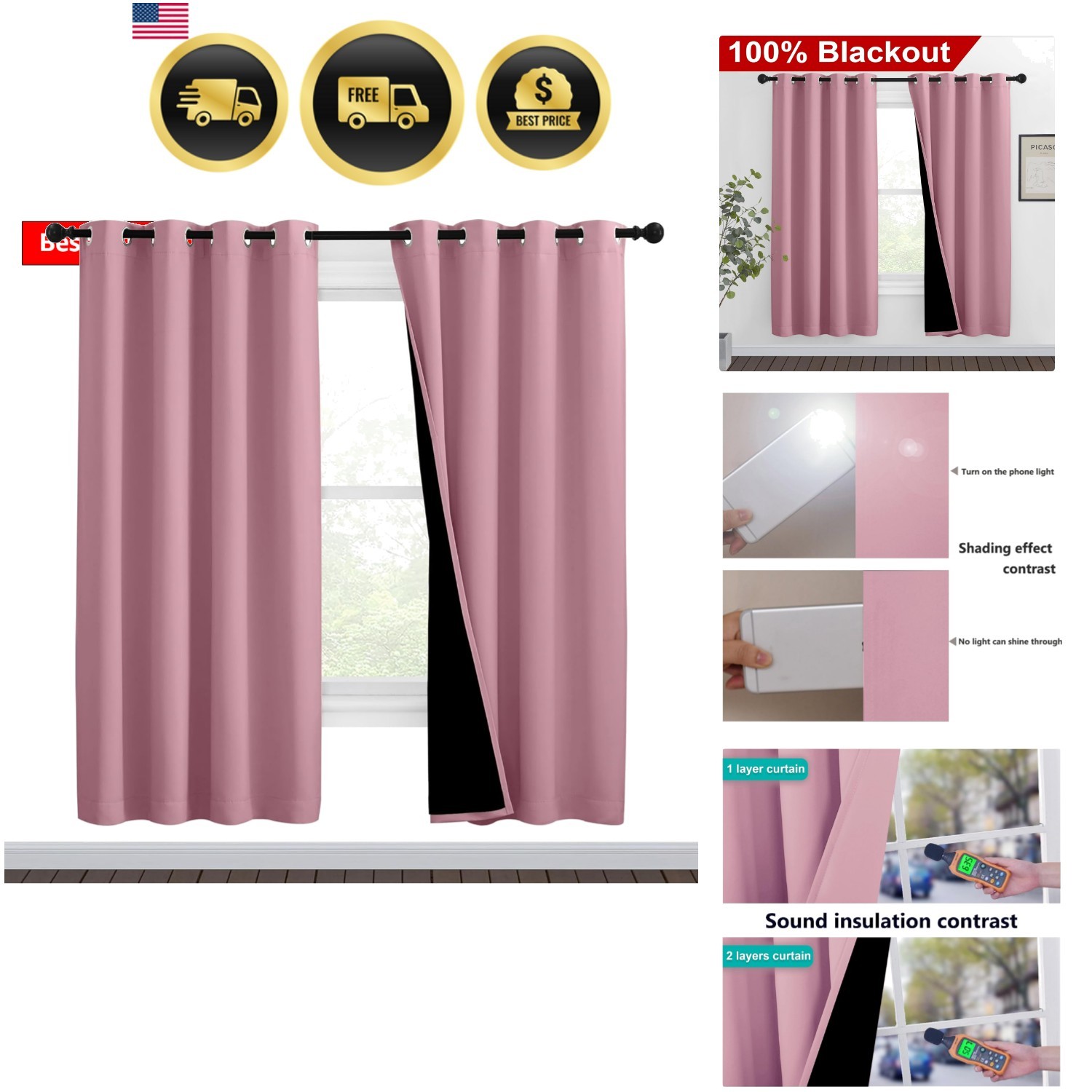 Crystal Pink Full Shade Curtain Panels, Pair of Thermal Insulated & Energy Ef…