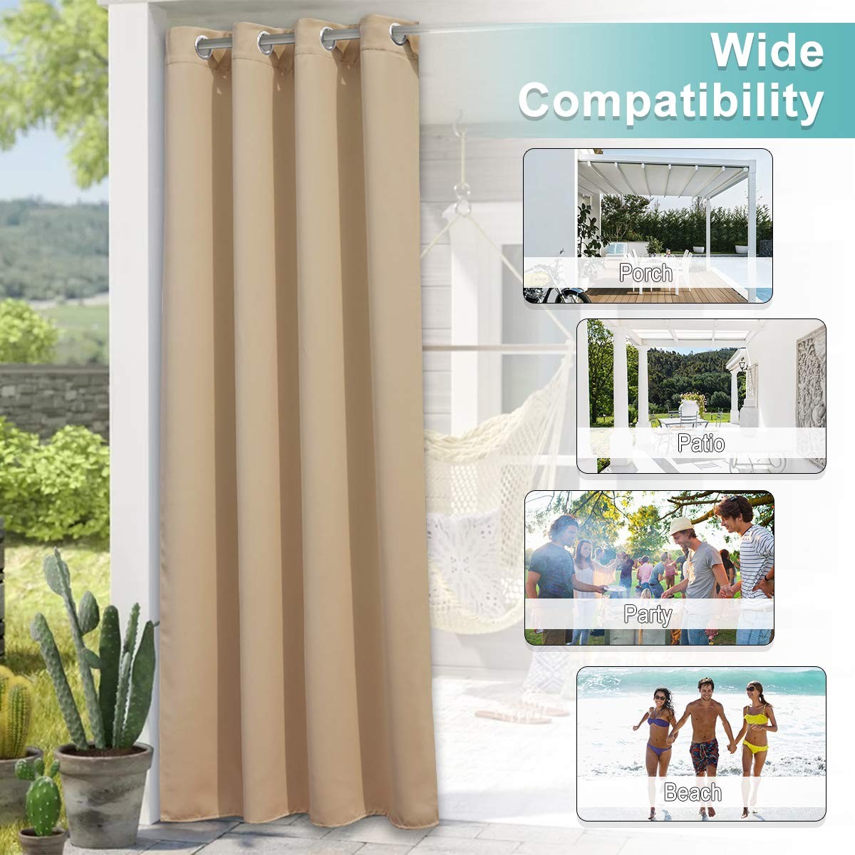 NICETOWN Outdoor Curtains for Patio 52″W x 95″L (Pack of 1), Biscotti Beige