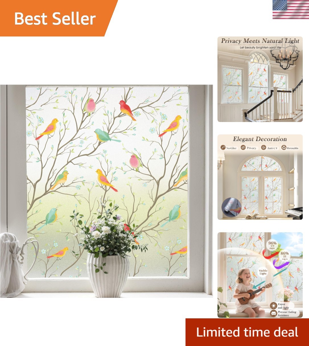 Reusable Frosted Window Film with UV Protection – 93% Privacy, 29.5 x 118 Inch