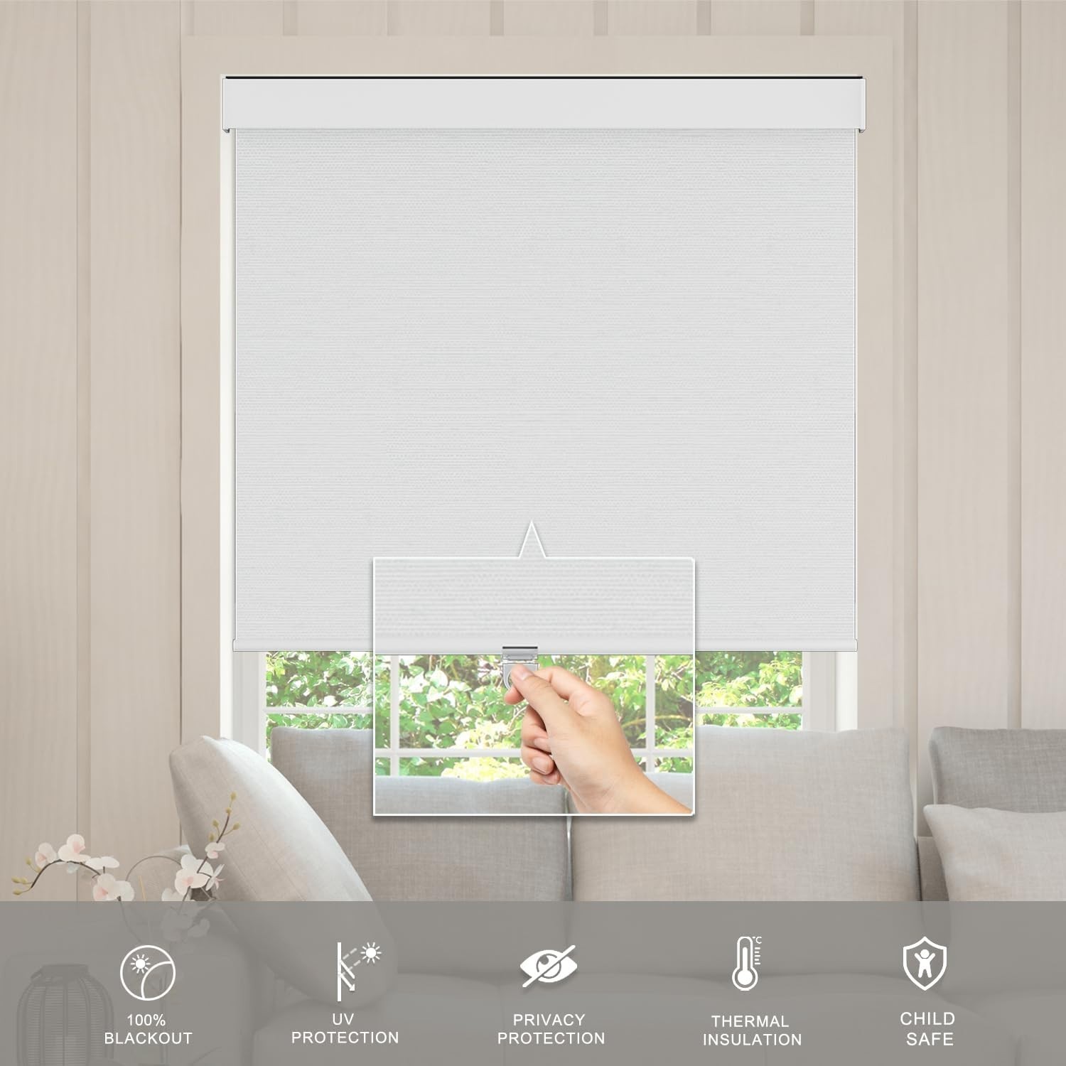 Free-Stop Cordless Roller Shades with Valance 100% Blackout White 34×72