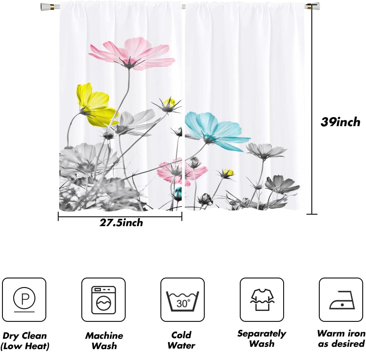 Colorful Kitchen Curtains Mini 27.5”W x 39”L Floral Boho Patterned Grey Flower