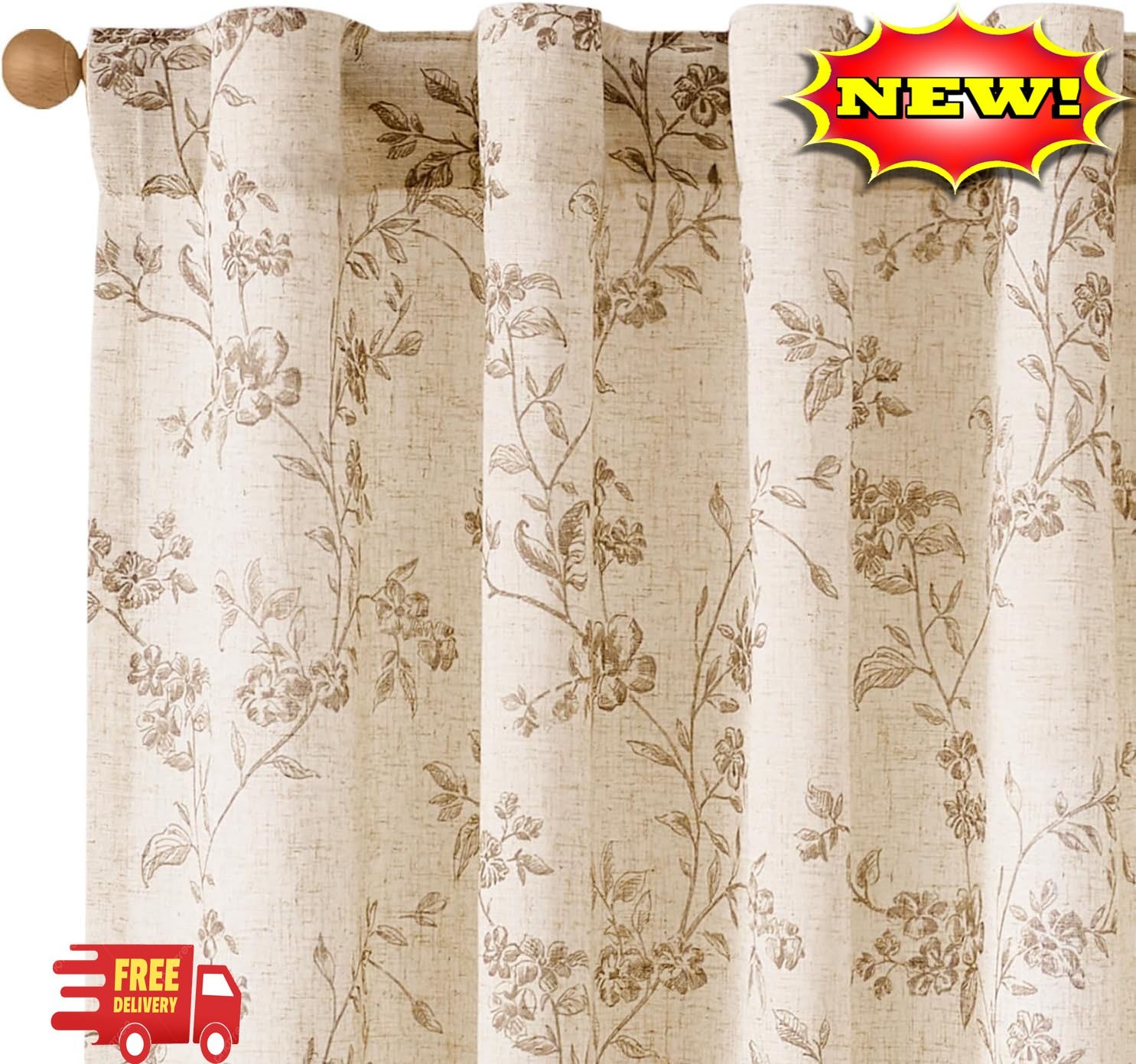 Cortinas de lino con estampado floral color topo, 244 cm (96 pulgadas), estilo r