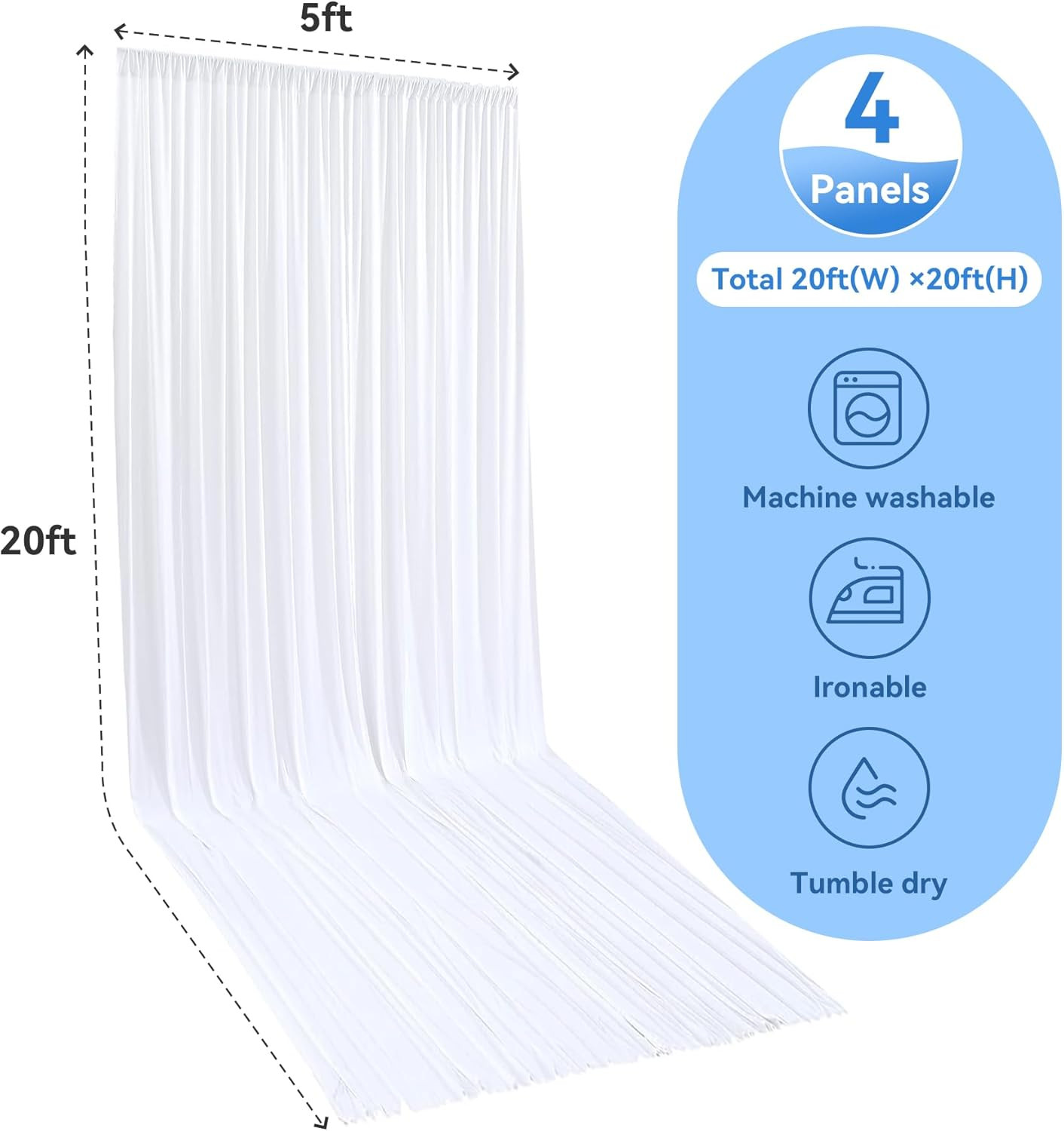 White Ceiling Drapes 4 Panels 5x20ft for Wedding & Party Decor, Wrinkle Free