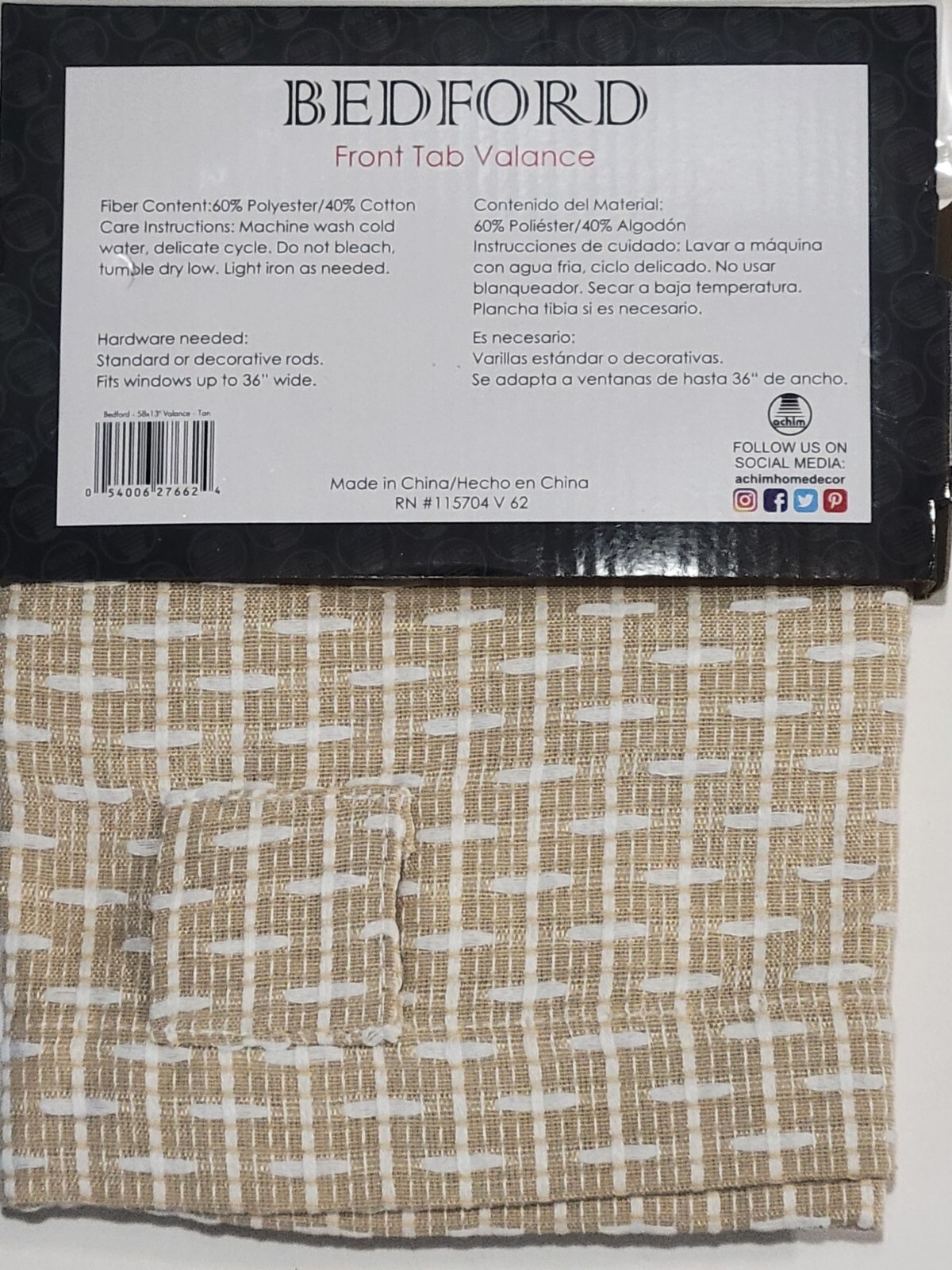 Bedford Window Valance Curtain Front Tab Tan 58″x13″