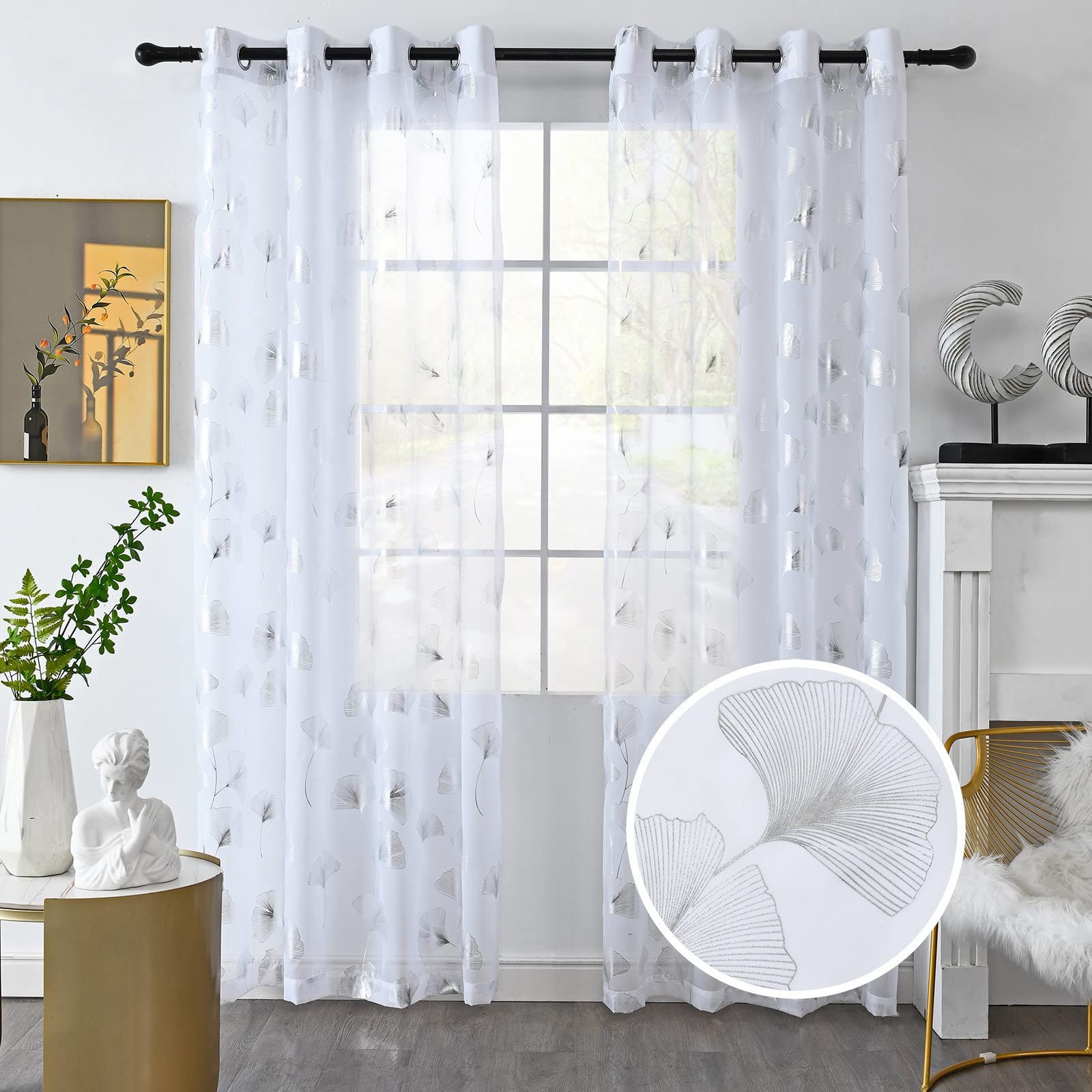 Silver Foil Print Voile Sheer Curtains, Leaves Grommet Window Drapes 96 Inches L