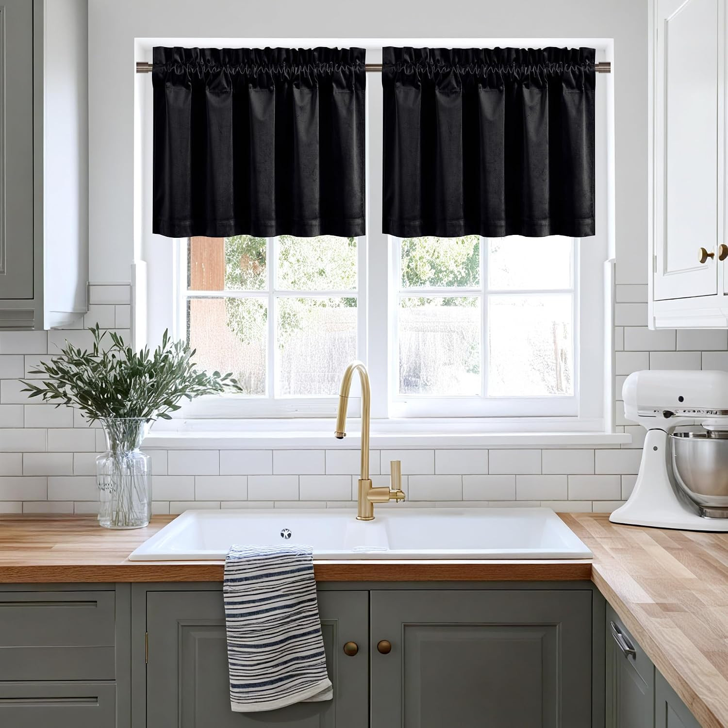 Black Velvet Valance Curtains for Windows 18 Inch Length, Kitchen Window Treatme