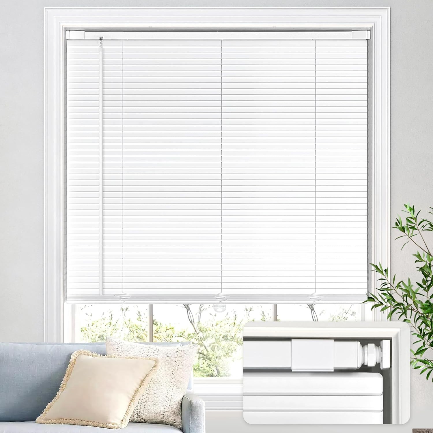 No Drill Aluminum Cordless Mini Blinds, 34×48 in, White | L-Shaped Slat Design,