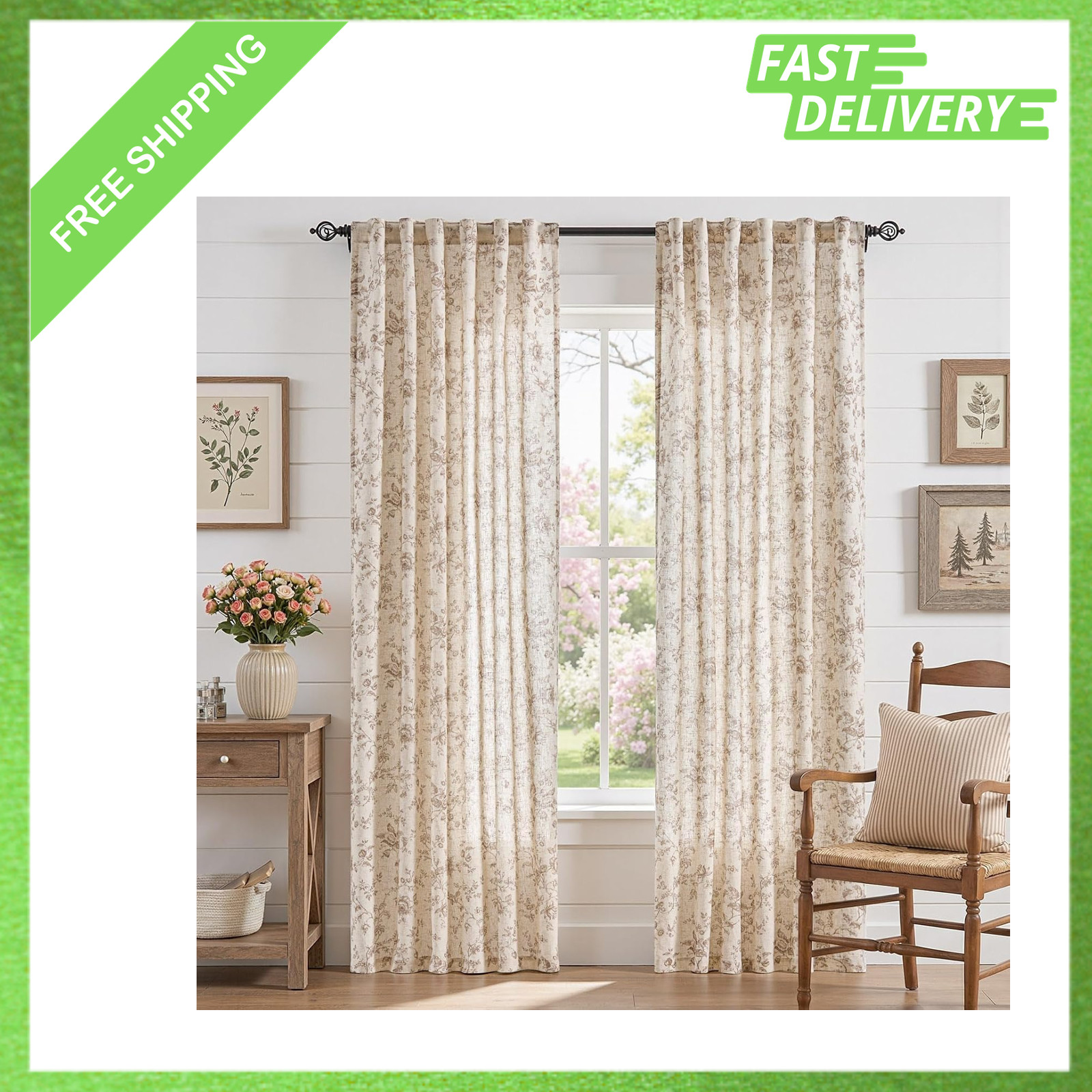 Linen Curtains 84 Inch Taupe Floral Farmhouse Rod Pocket 2 Panels for Living