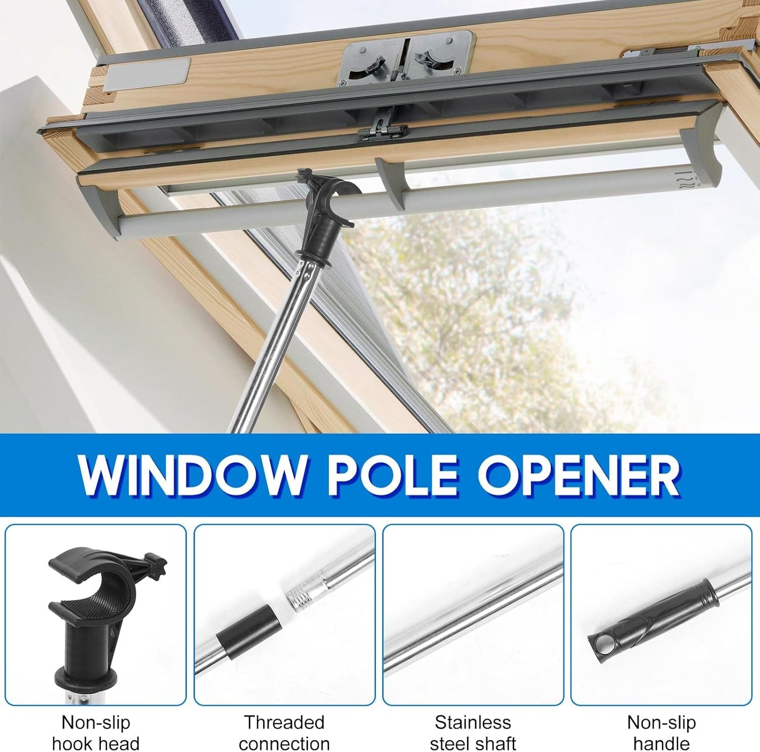 Telescopic Window Pole Opener 78.7in Stainless Steel Rod for Skylights Blinds