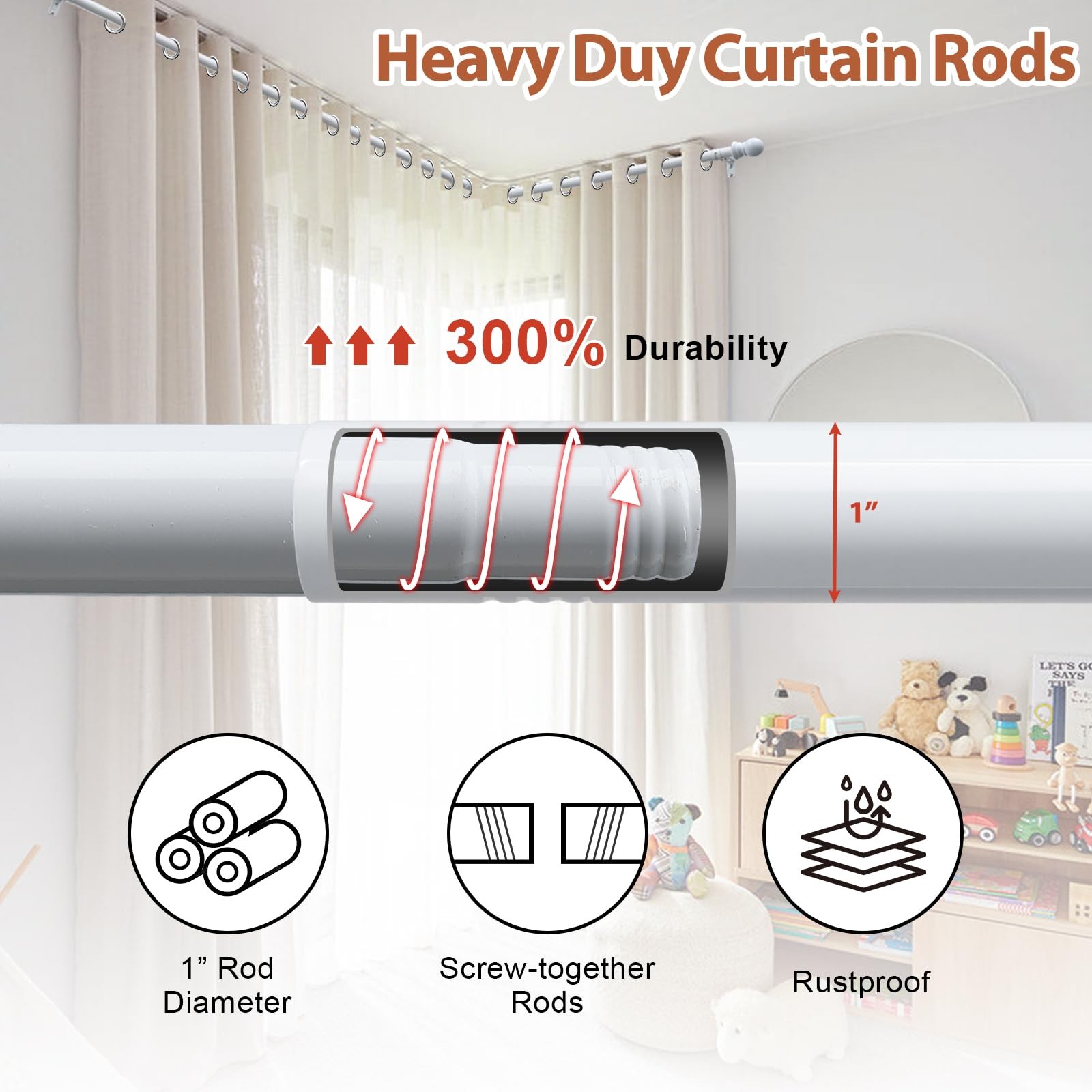 Corner Curtain Rod 32-134″ White 1 Inch Heavy Duty Metal L Shaped Rod