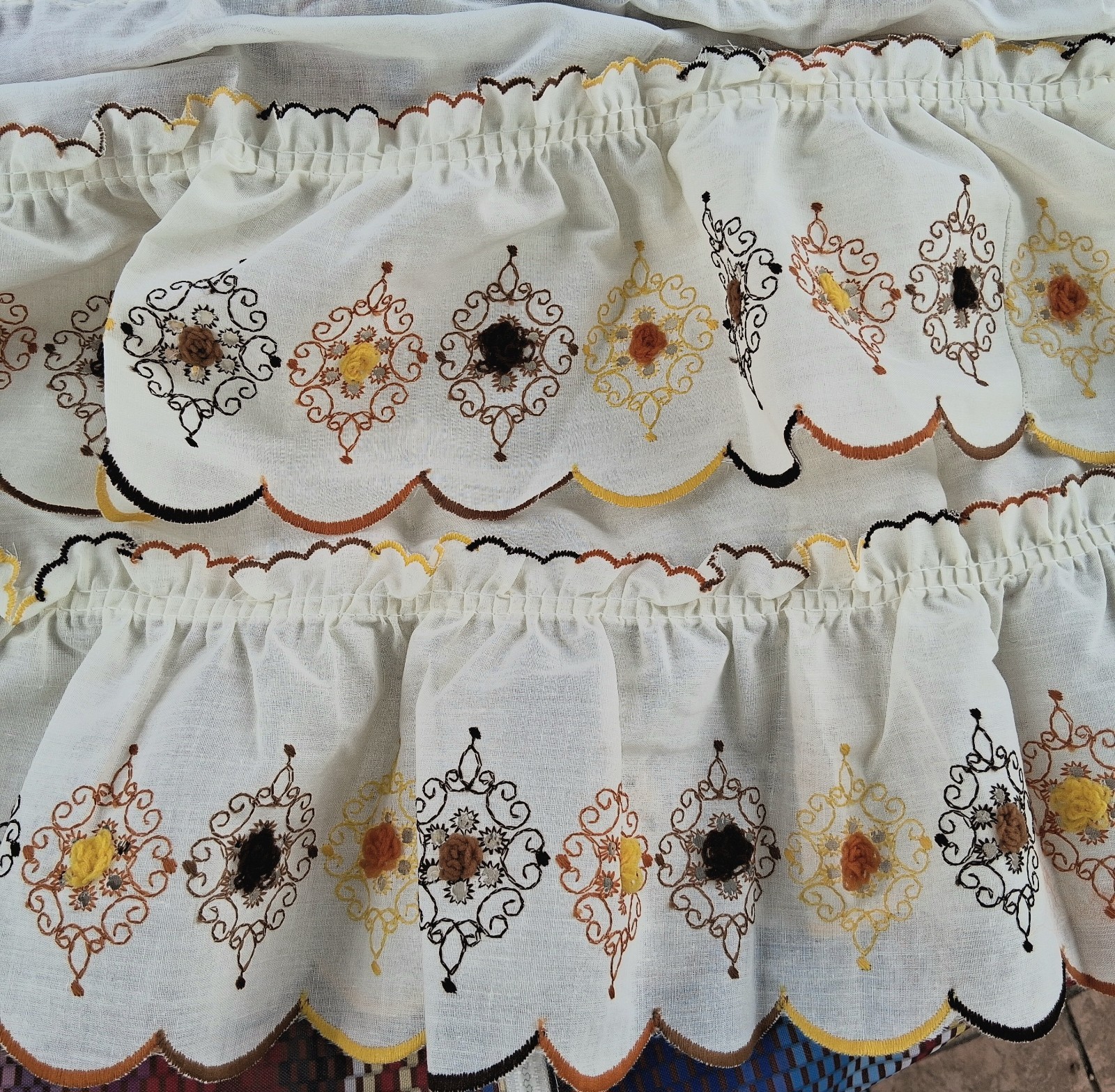 (2) Vintage Embroidered Scalloped Ruffled Valance Ivory 11″x54″ Polyester Blend