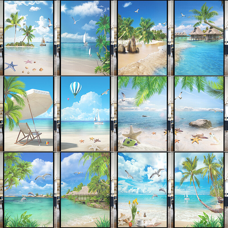 Privacy Windows Film Decoration Beautiful Beach Stained Glass Stickers Decors