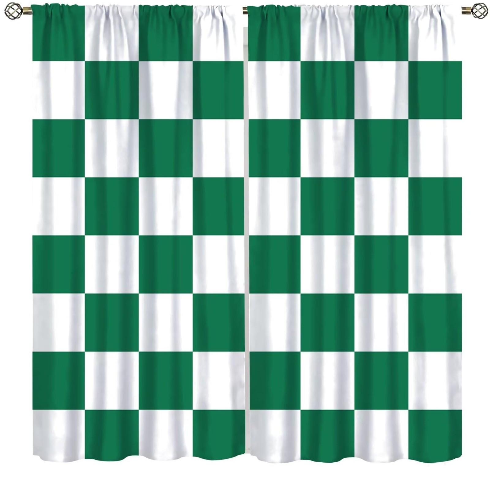 Green and White Plaid Blackout Curtains, Abstract Hippie 70s Plaid Texture Pa…
