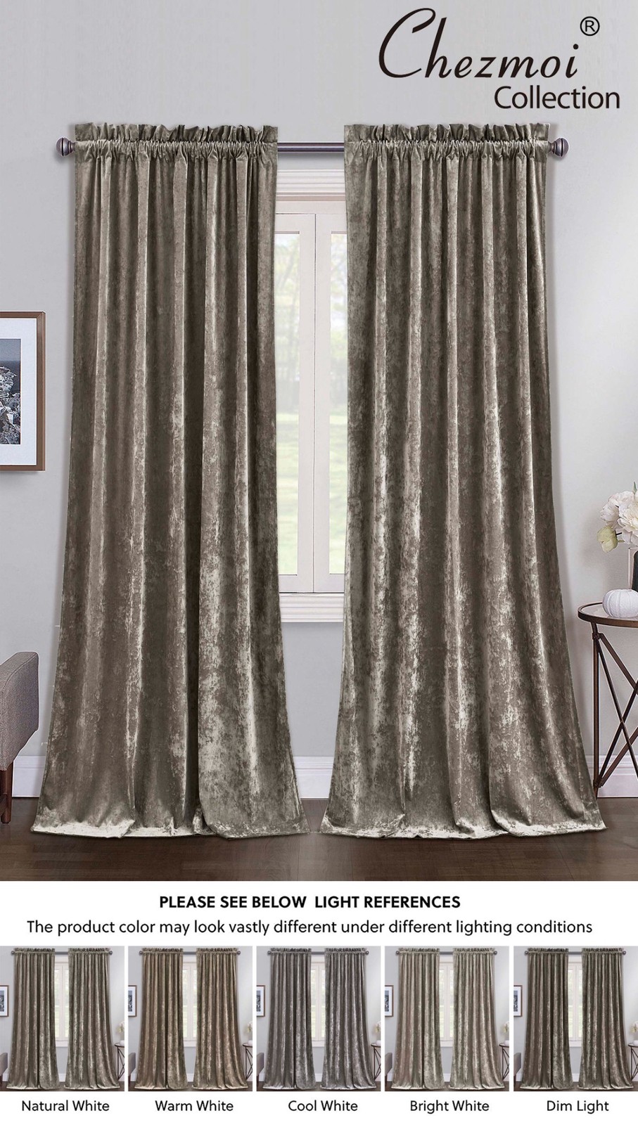 Chezmoi Collection Lux Velvet Curtains Set Rod Pocket Drapes, Set of 2 Panels